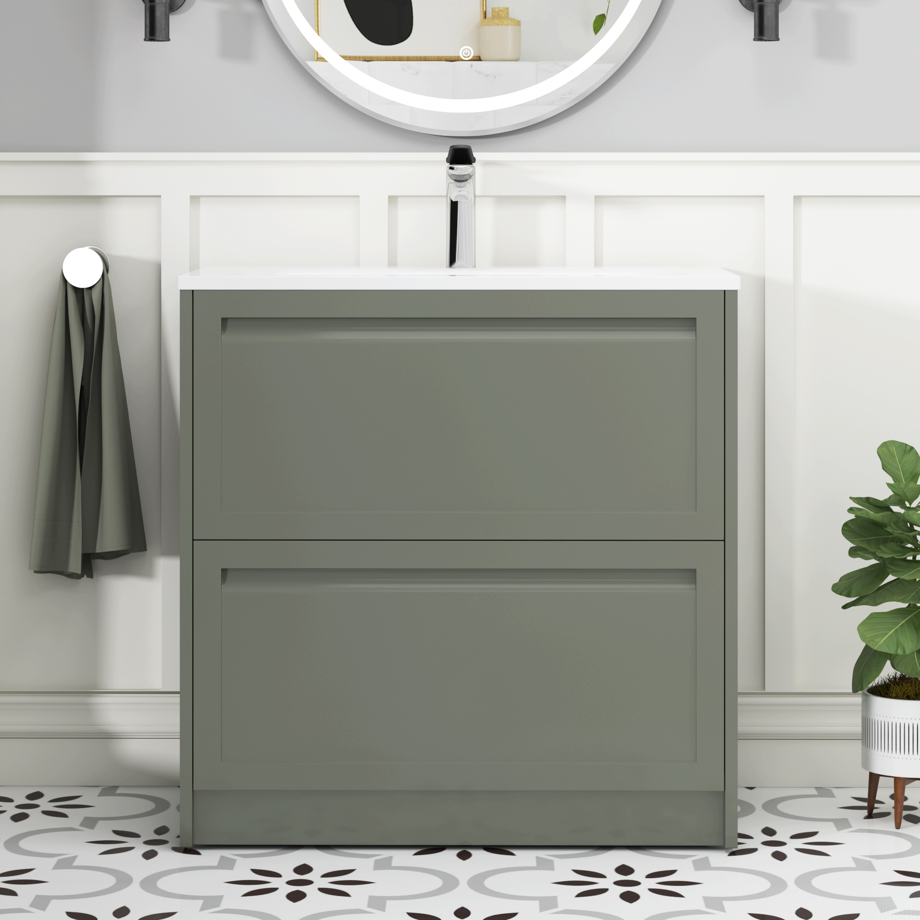 Elmore Matt Green Traditional 2 Drawer Floor Standing Vanity Unit with Matt Stone Basin