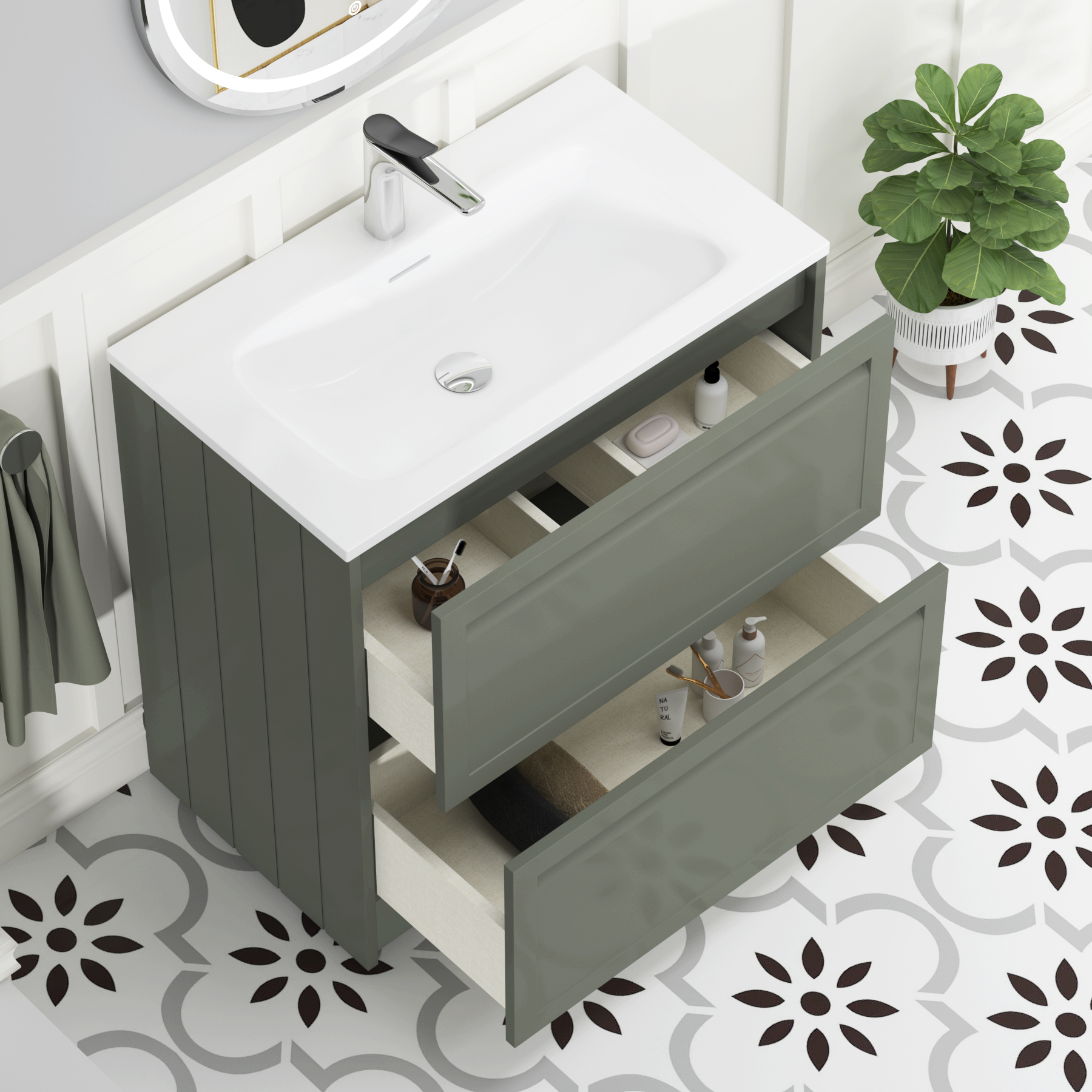 Elmore Matt Green Traditional 2 Drawer Floor Standing Vanity Unit with Matt Stone Basin