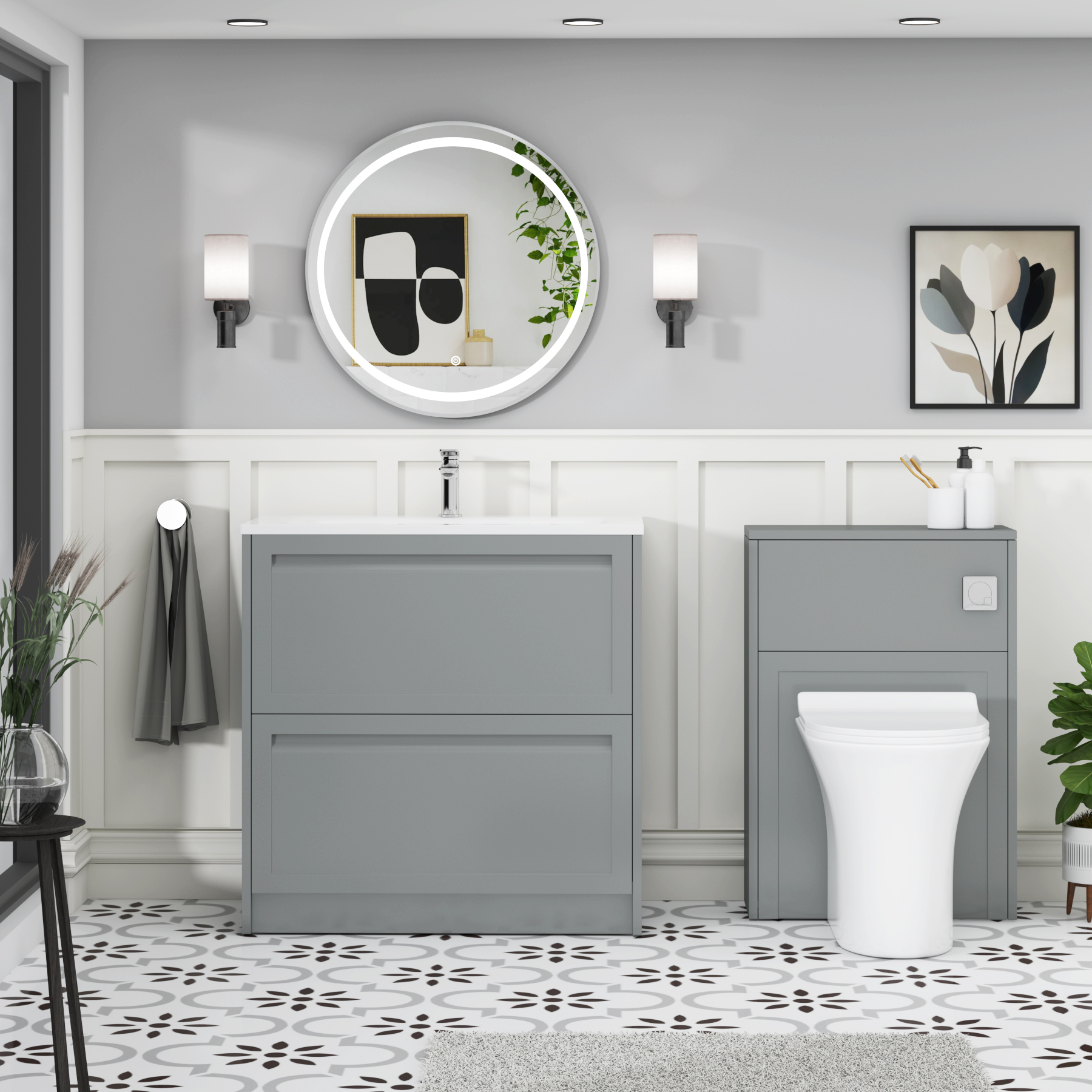 Elmore Matt Pebble Grey Traditional 2 Drawer Floor Standing Vanity Unit with Matt Stone Basin