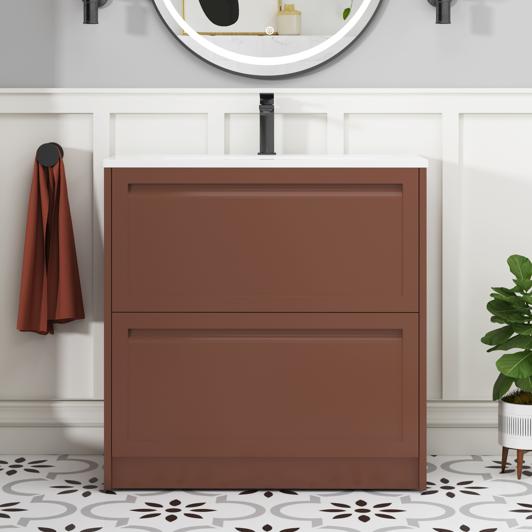 Elmore Terracotta Clay Traditional 2 Drawer Floor Standing Vanity Unit with Matt Stone Basin
