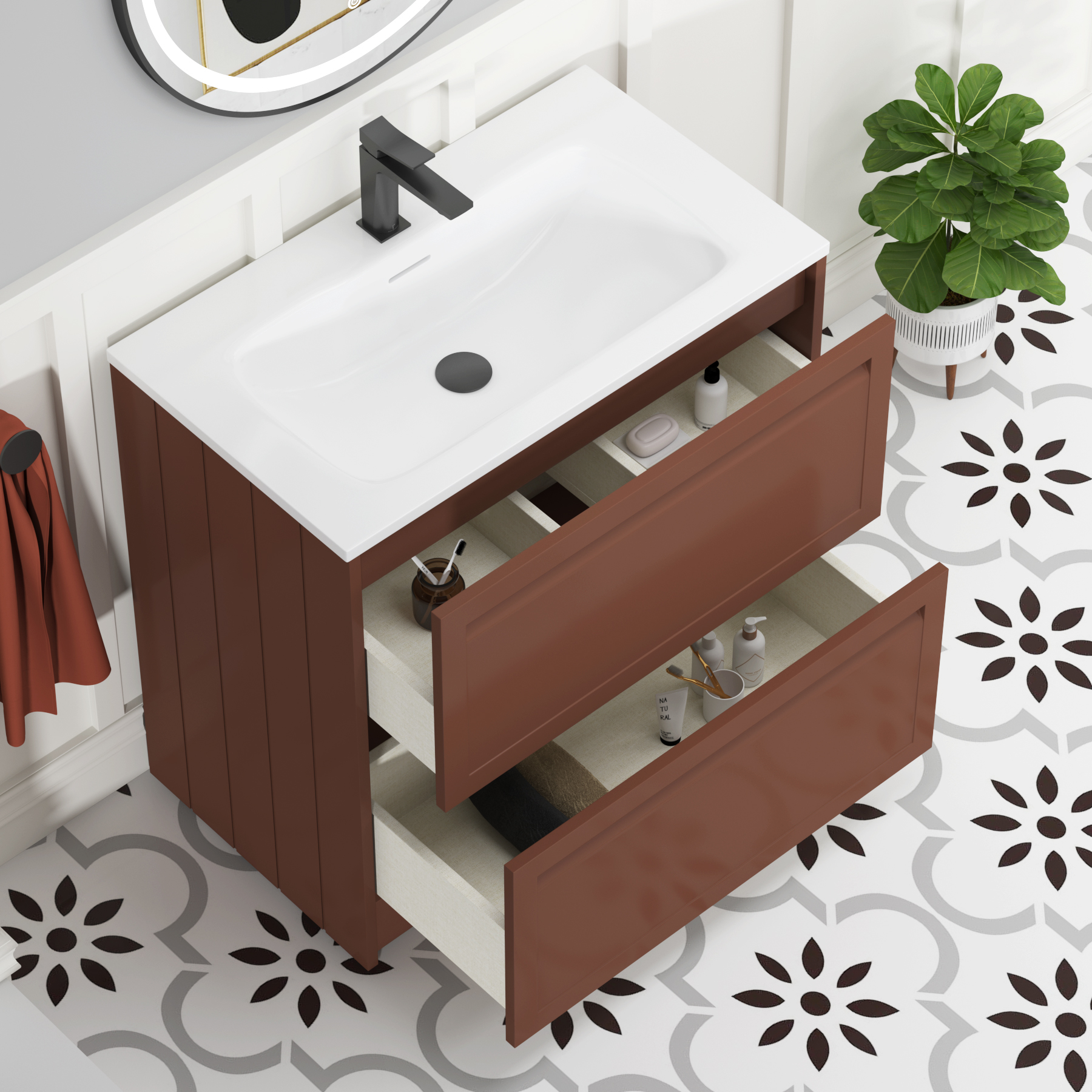Elmore Terracotta Clay Traditional 2 Drawer Floor Standing Vanity Unit with Matt Stone Basin