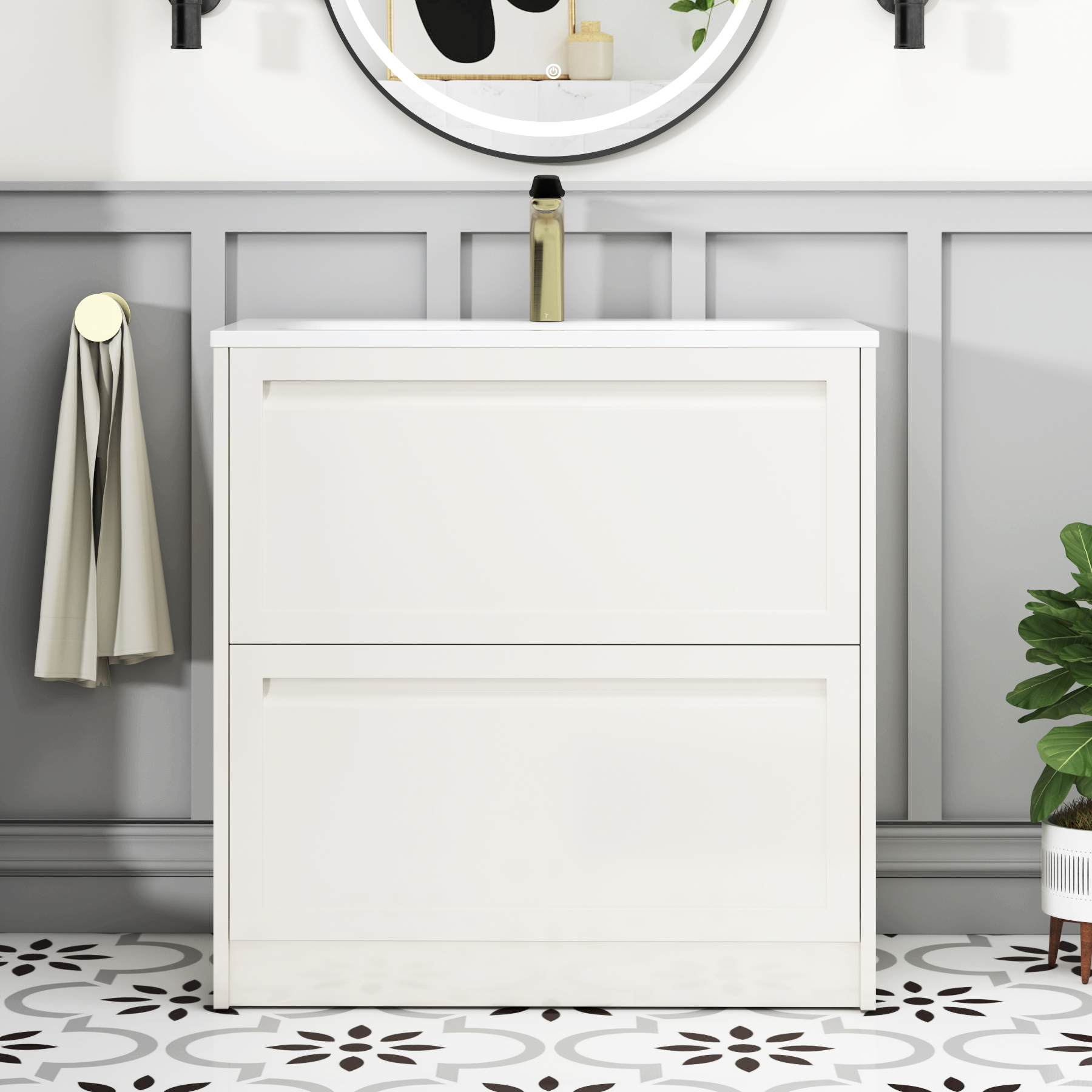 Elmore Classic White Traditional 2 Drawer Floor Standing Vanity Unit with Matt Stone Basin