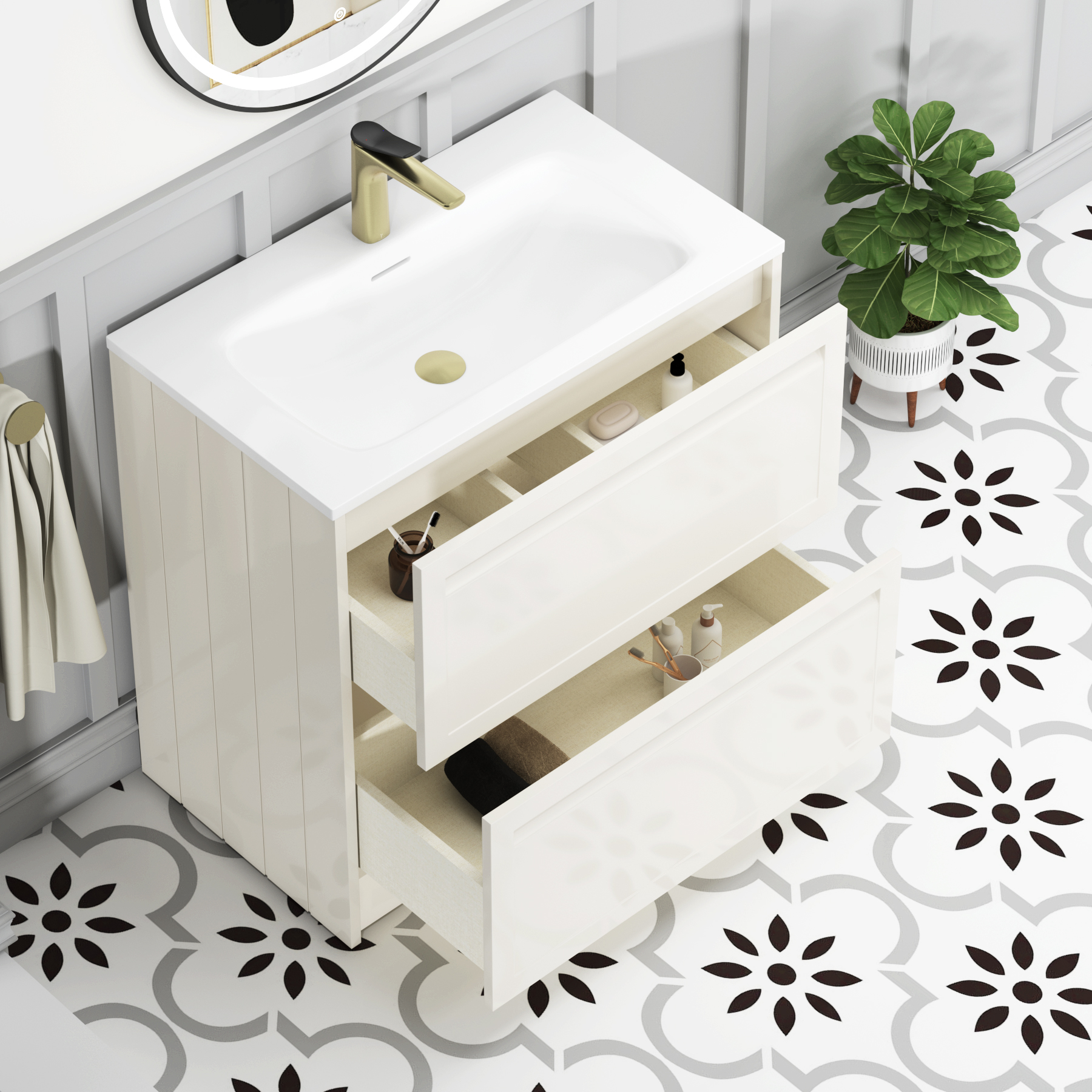 Elmore Classic White Traditional 2 Drawer Floor Standing Vanity Unit with Matt Stone Basin