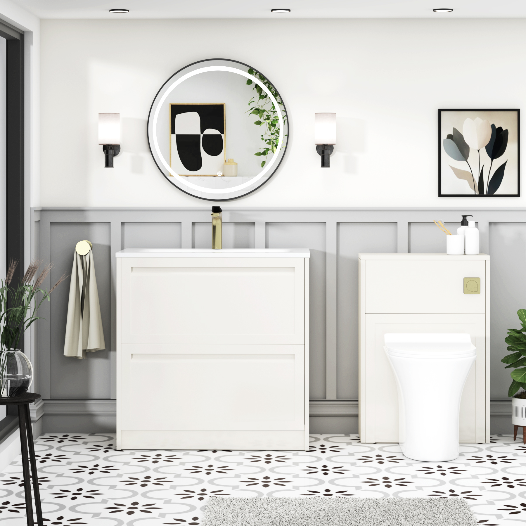 Elmore Classic White Traditional 2 Drawer Floor Standing Vanity Unit with Matt Stone Basin