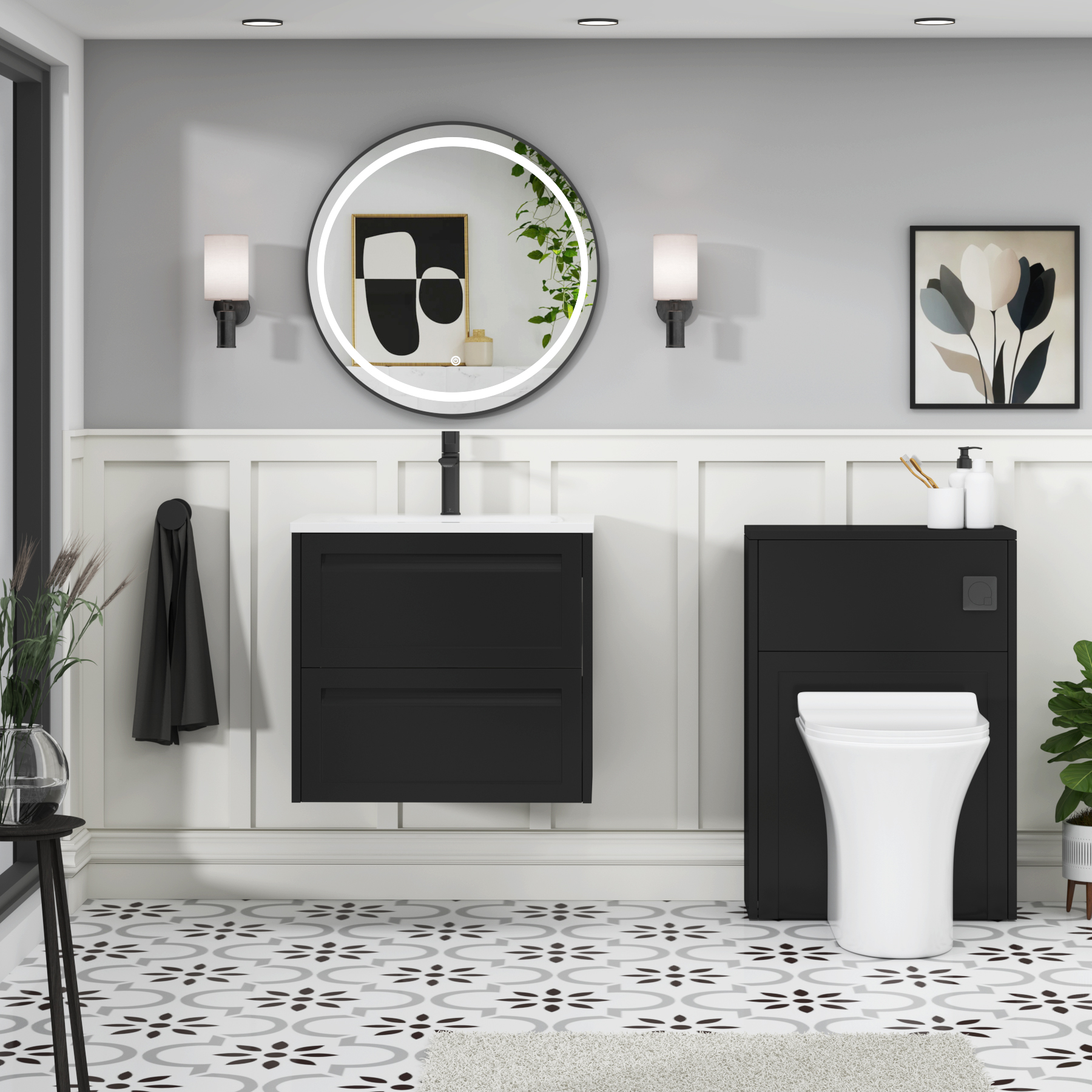 Elmore Matt Nocturne Black Traditional 2 Drawer Wall Hung Vanity Unit with Matt Stone Basin