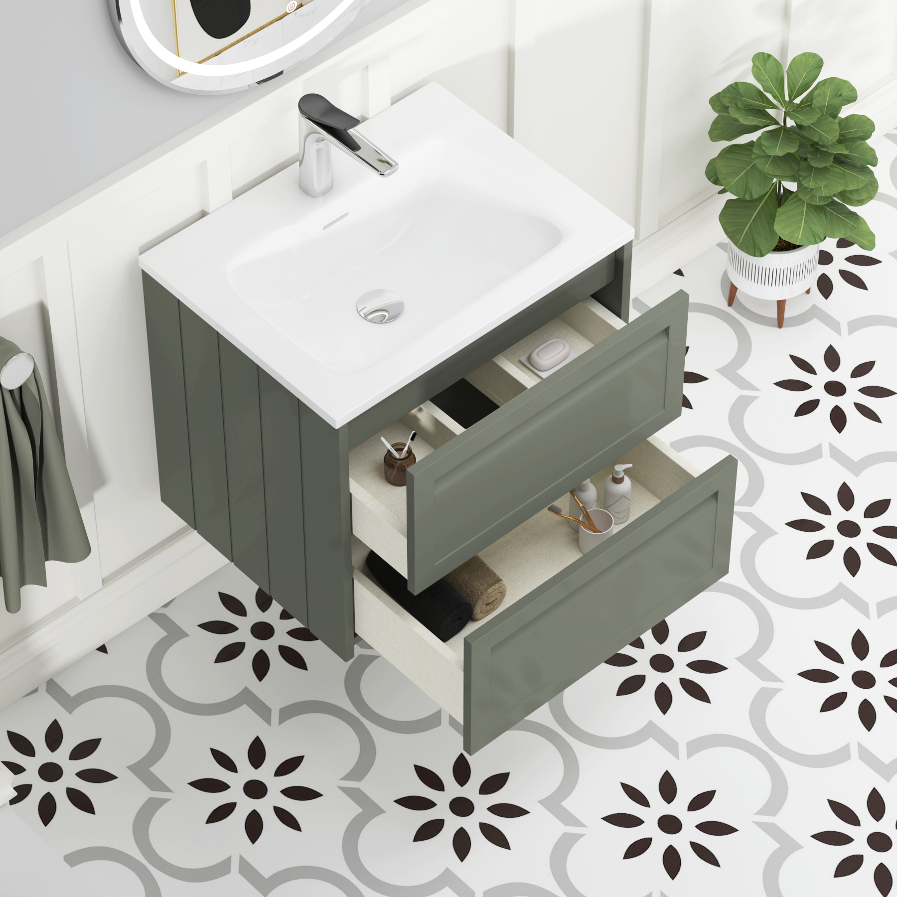 Elmore Matt Green Traditional 2 Drawer Wall Hung Vanity Unit with Matt Stone Basin