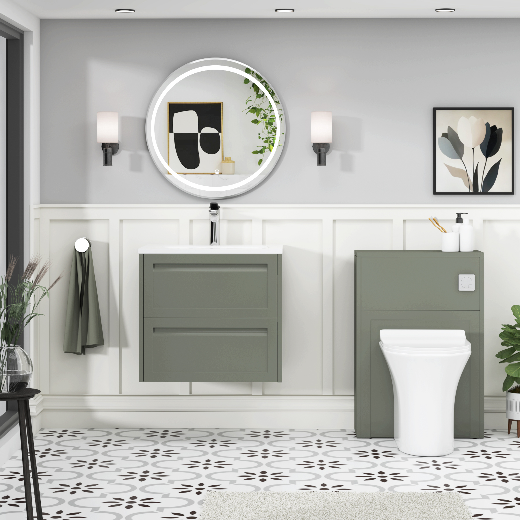Elmore Matt Green Traditional 2 Drawer Wall Hung Vanity Unit with Matt Stone Basin