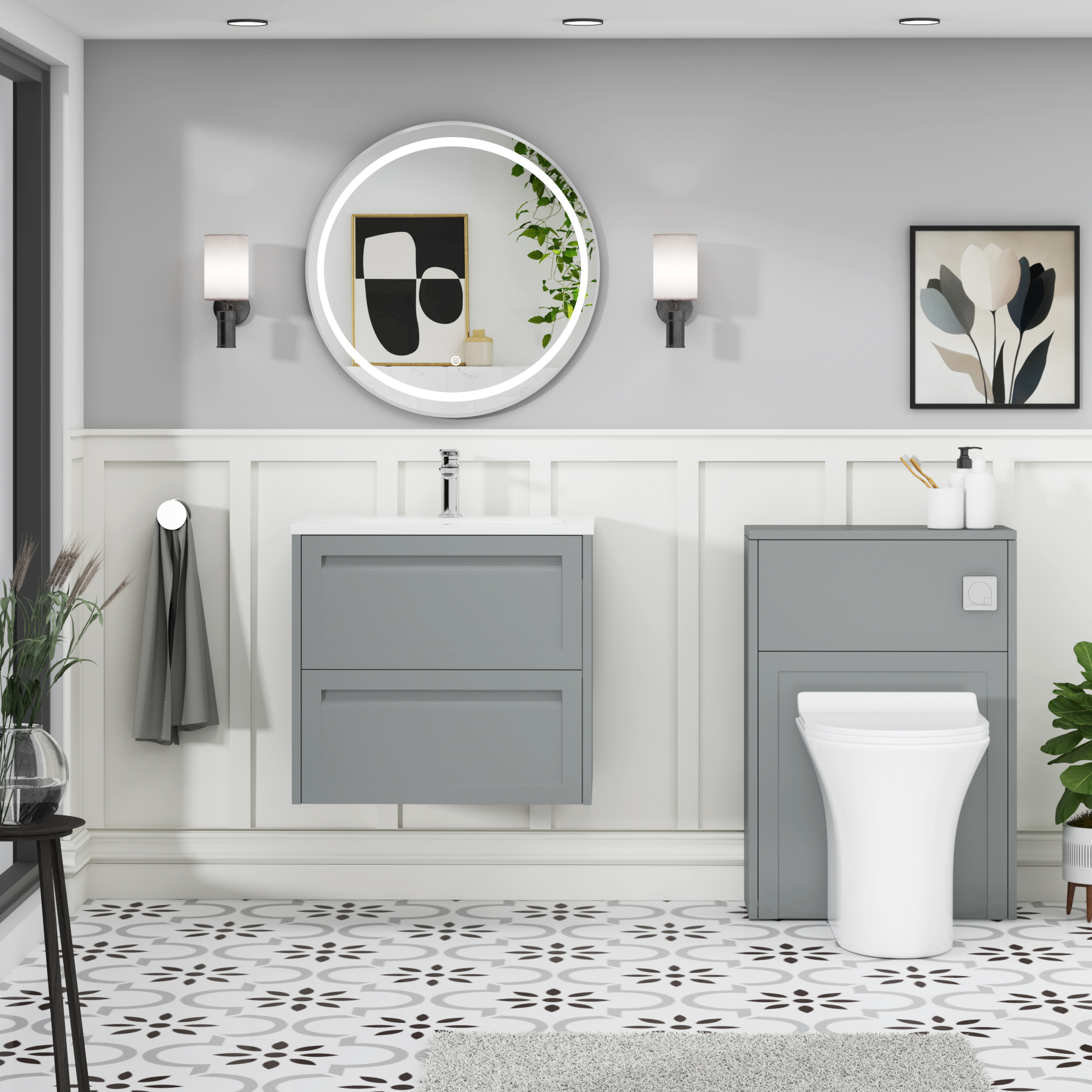 Elmore Matt Pebble Grey Traditional 2 Drawer Wall Hung Vanity Unit with Matt Stone Basin