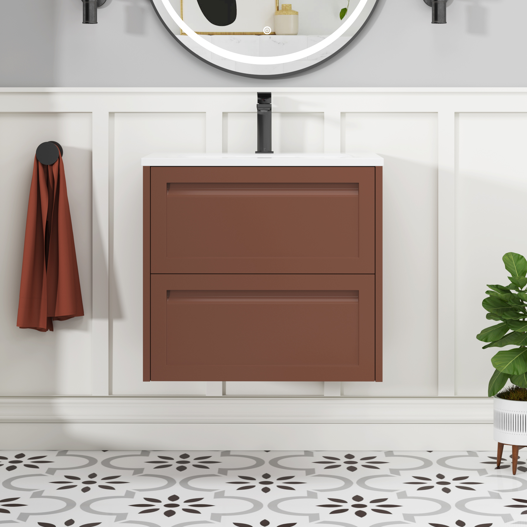 Elmore Terracotta Clay Traditional 2 Drawer Wall Hung Vanity Unit with Matt Stone Basin
