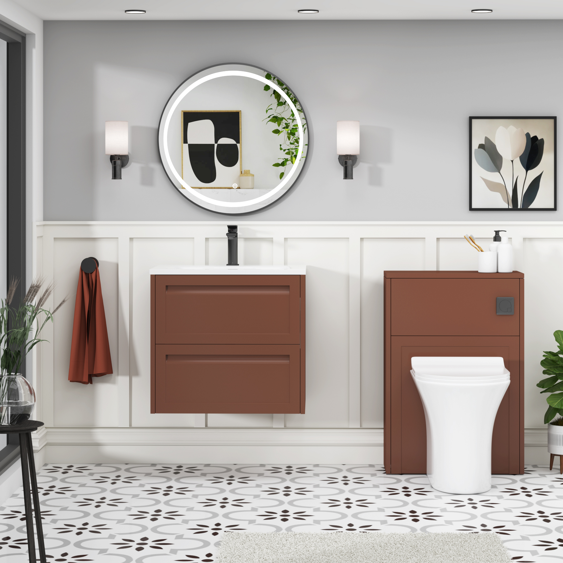 Elmore Terracotta Clay Traditional 2 Drawer Wall Hung Vanity Unit with Matt Stone Basin