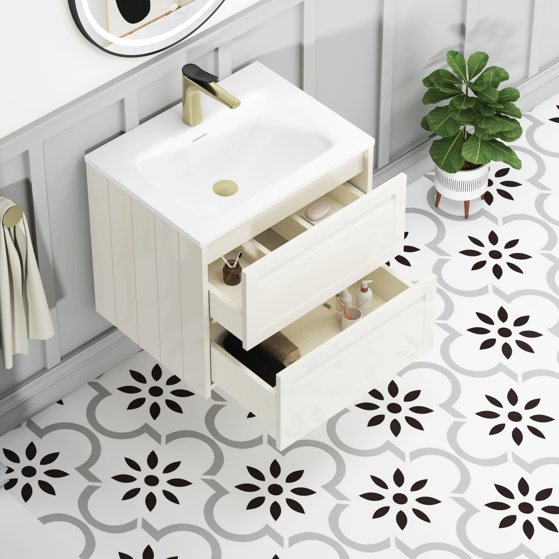 Elmore Classic White Traditional 2 Drawer Wall Hung Vanity Unit with Matt Stone Basin