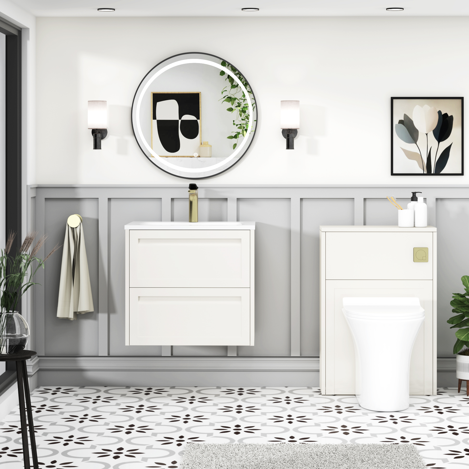 Elmore Classic White Traditional 2 Drawer Wall Hung Vanity Unit with Matt Stone Basin