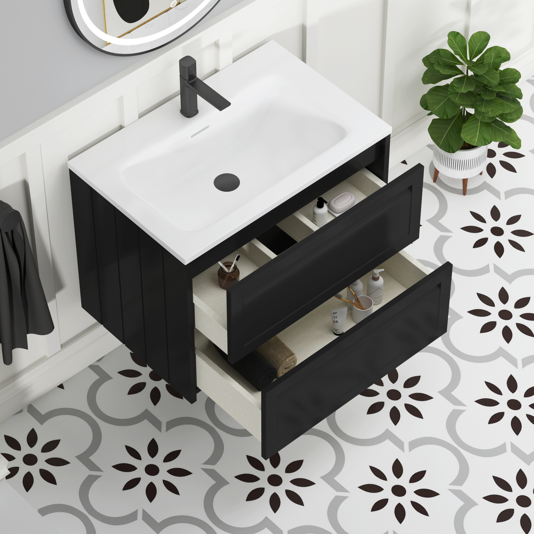 Elmore Matt Nocturne Black Traditional 2 Drawer Wall Hung Vanity Unit with Matt Stone Basin