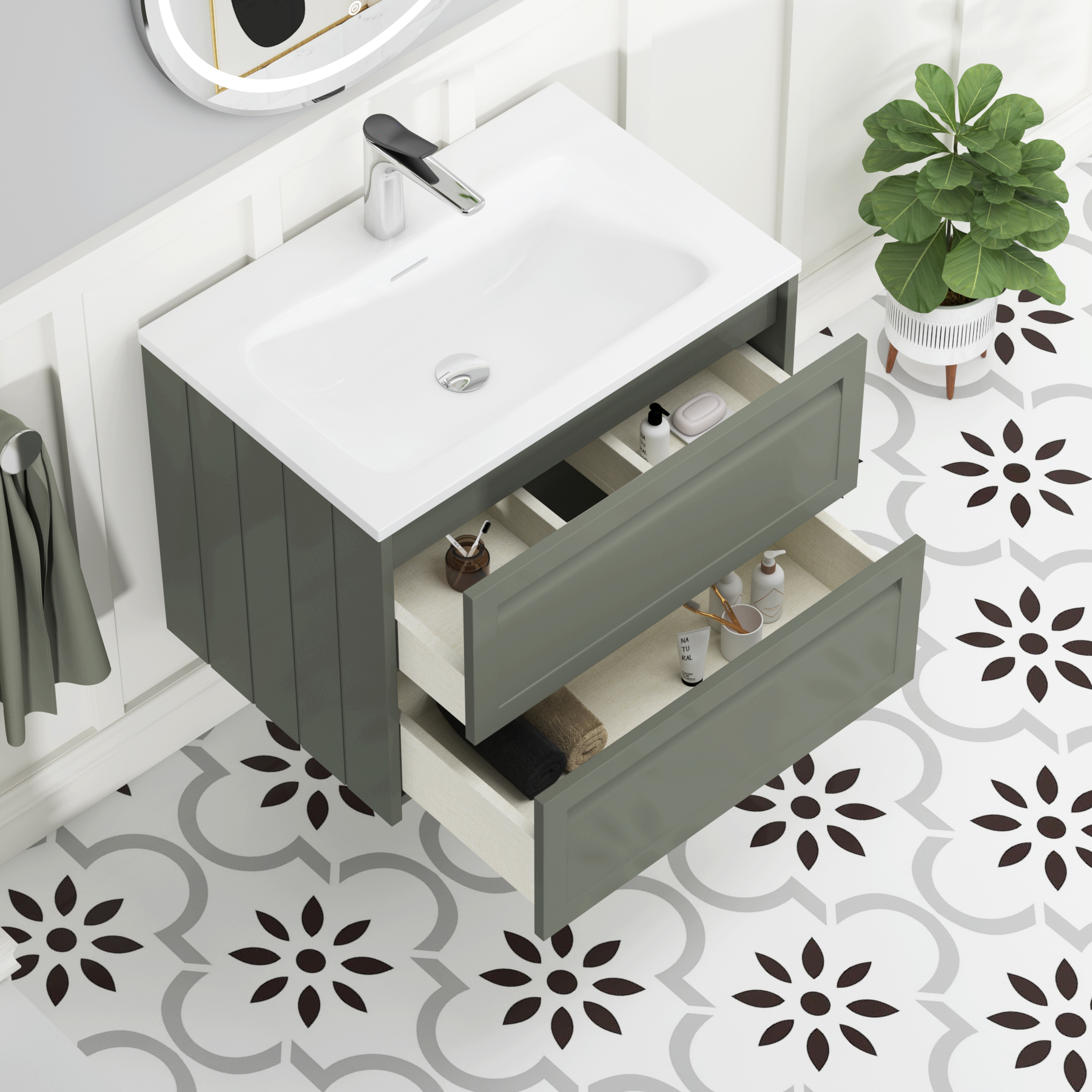 Elmore Matt Green Traditional 2 Drawer Wall Hung Vanity Unit with Matt Stone Basin