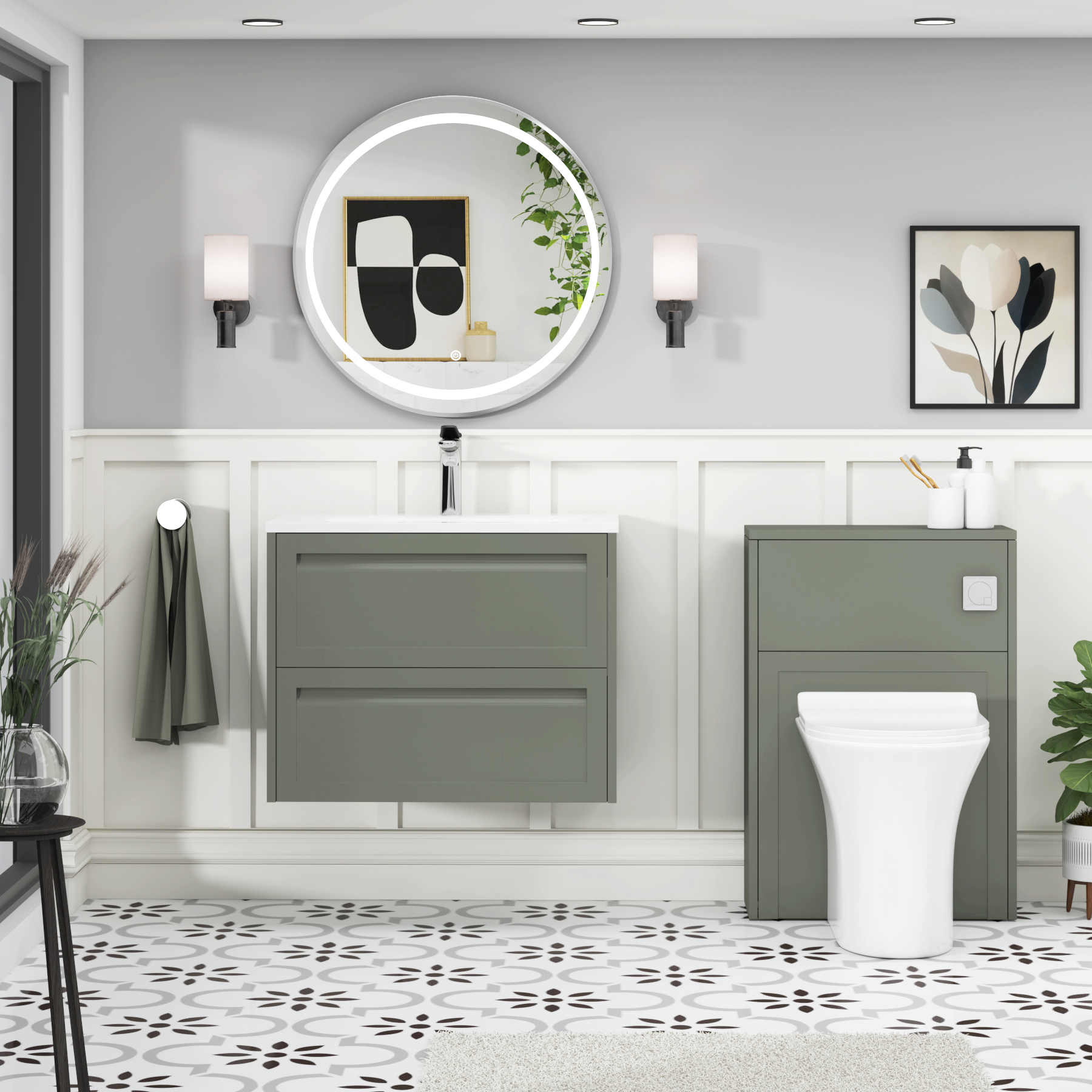 Elmore Matt Green Traditional 2 Drawer Wall Hung Vanity Unit with Matt Stone Basin