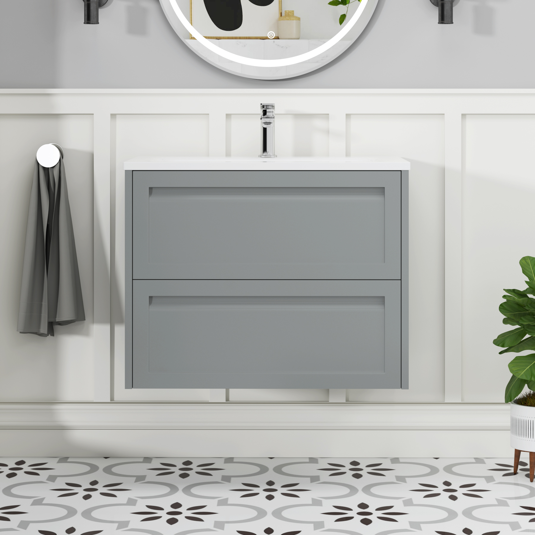 Elmore Matt Pebble Grey Traditional 2 Drawer Wall Hung Vanity Unit with Matt Stone Basin