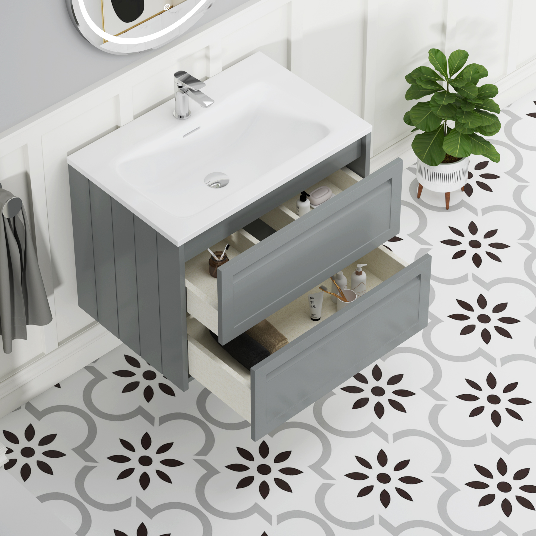 Elmore Matt Pebble Grey Traditional 2 Drawer Wall Hung Vanity Unit with Matt Stone Basin