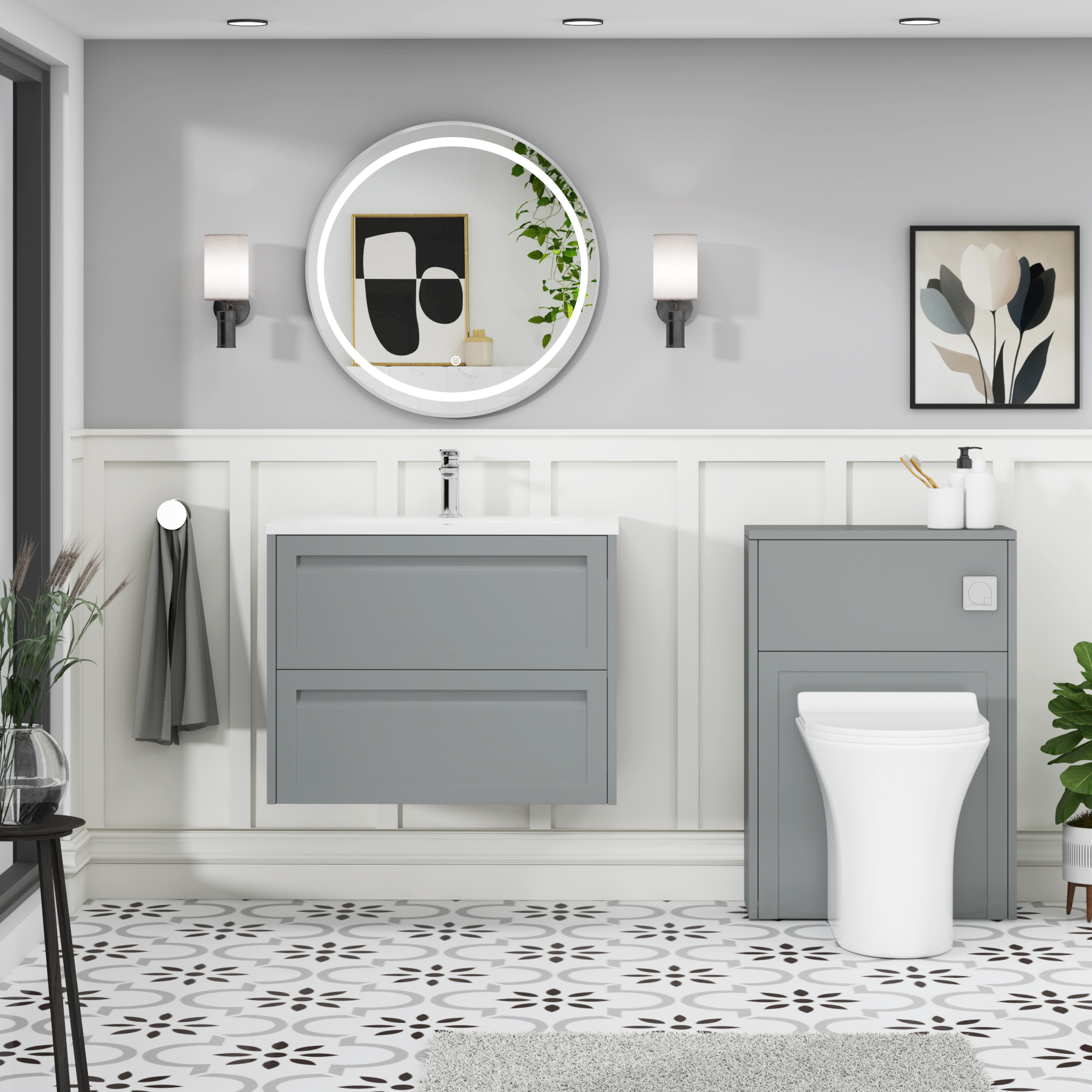Elmore Matt Pebble Grey Traditional 2 Drawer Wall Hung Vanity Unit with Matt Stone Basin