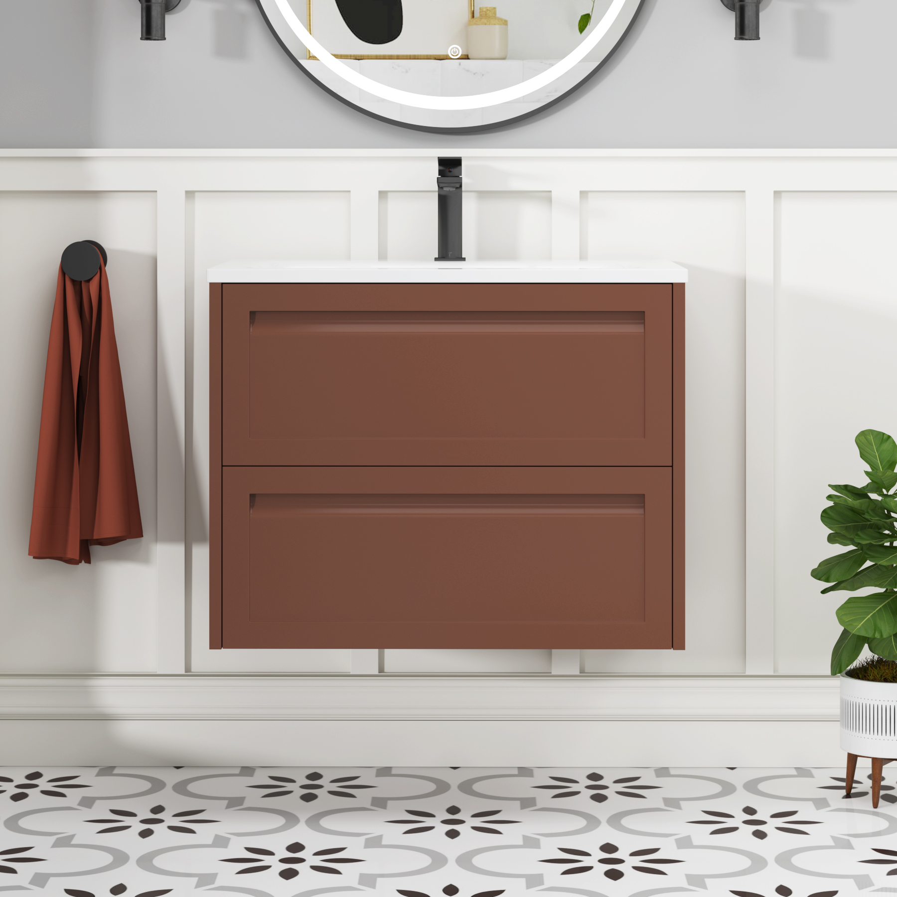Elmore Terracotta Clay Traditional 2 Drawer Wall Hung Vanity Unit with Matt Stone Basin