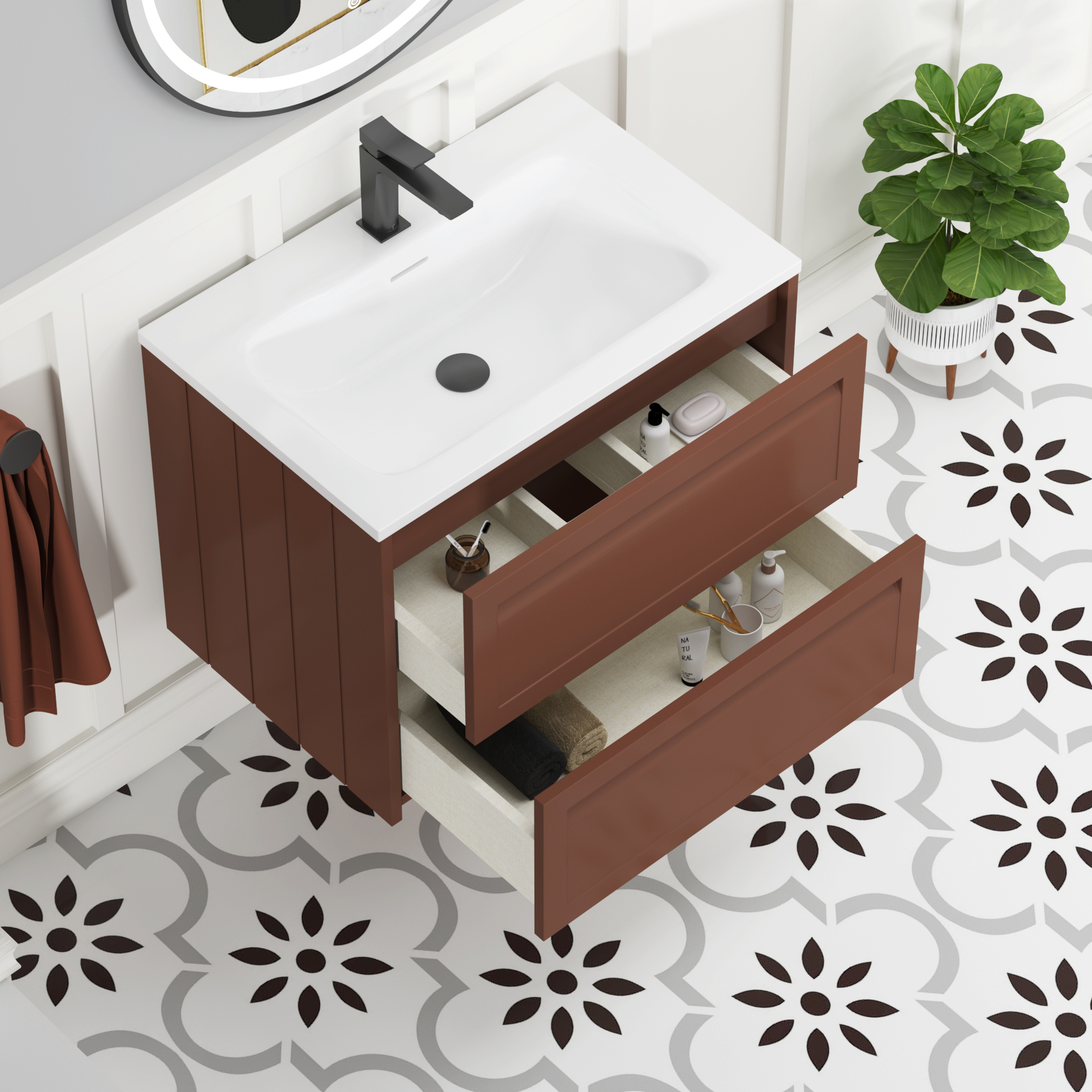 Elmore Terracotta Clay Traditional 2 Drawer Wall Hung Vanity Unit with Matt Stone Basin