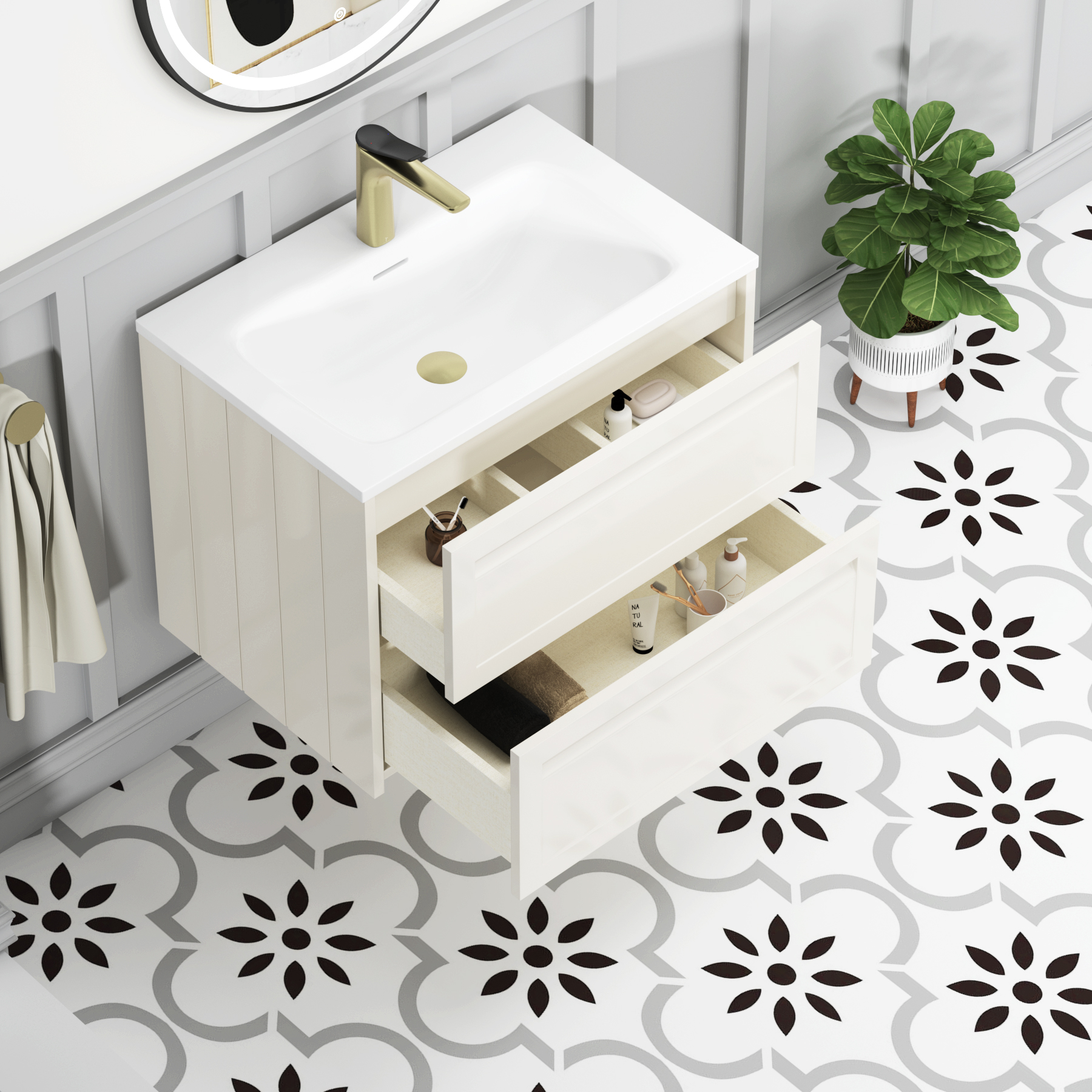 Elmore Classic White Traditional 2 Drawer Wall Hung Vanity Unit with Matt Stone Basin