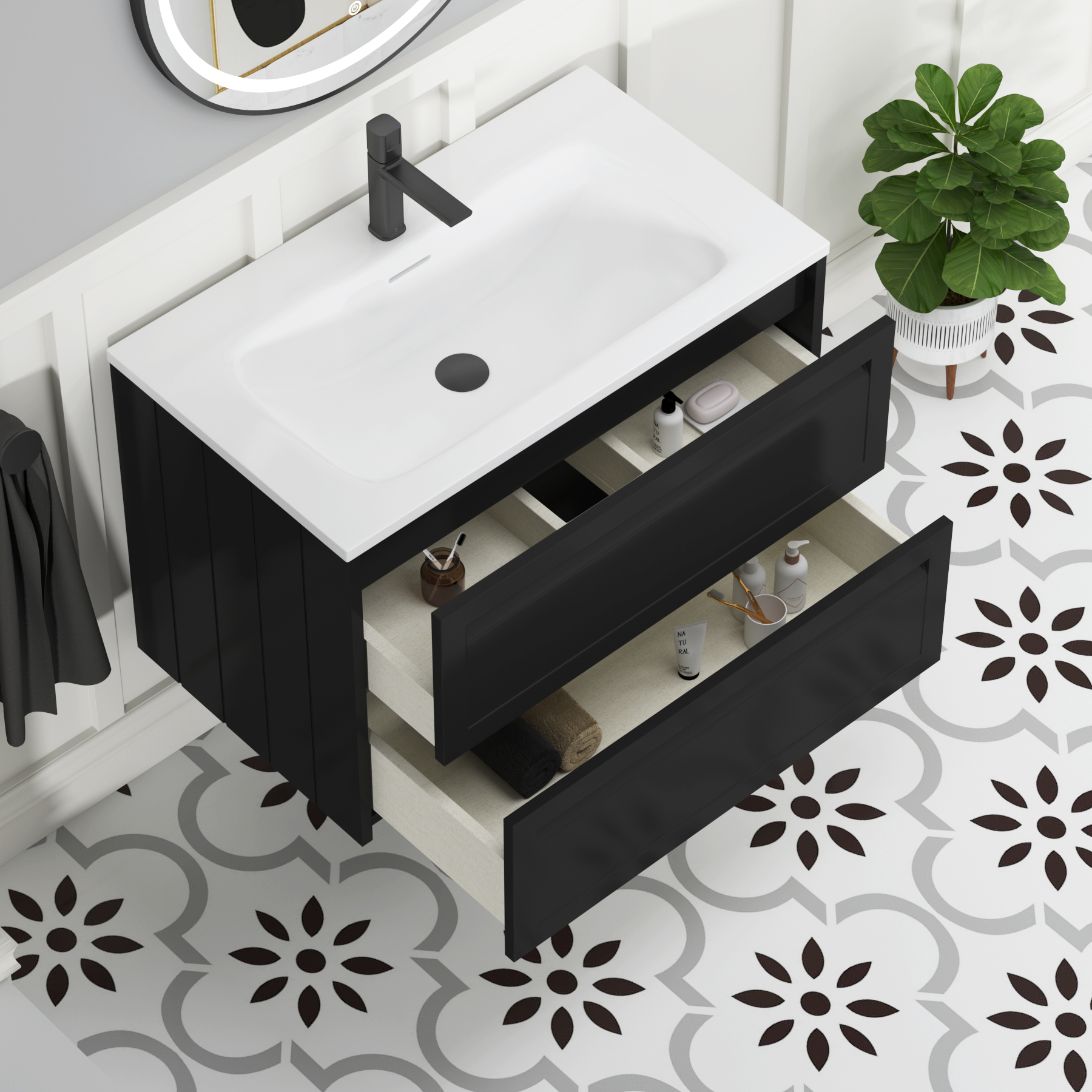Elmore Matt Nocturne Black Traditional 2 Drawer Wall Hung Vanity Unit with Matt Stone Basin