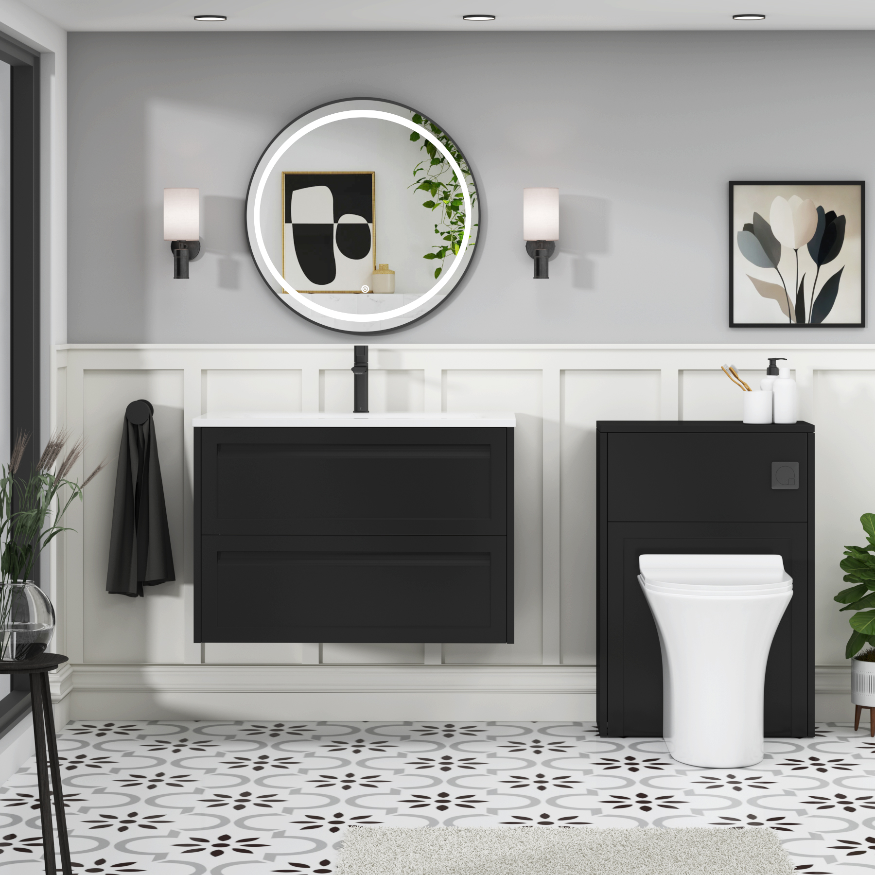 Elmore Matt Nocturne Black Traditional 2 Drawer Wall Hung Vanity Unit with Matt Stone Basin
