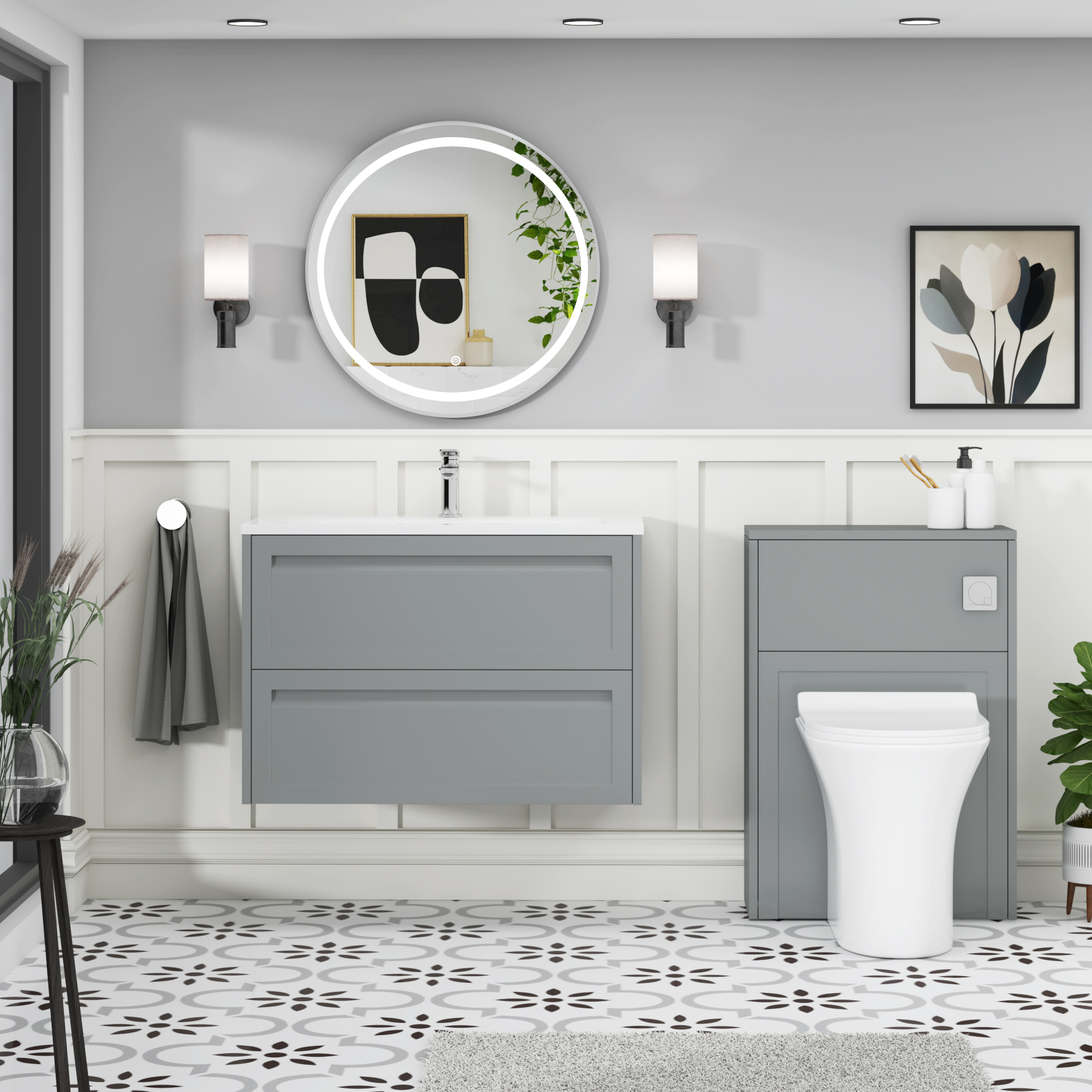 Elmore Matt Pebble Grey Traditional 2 Drawer Wall Hung Vanity Unit with Matt Stone Basin