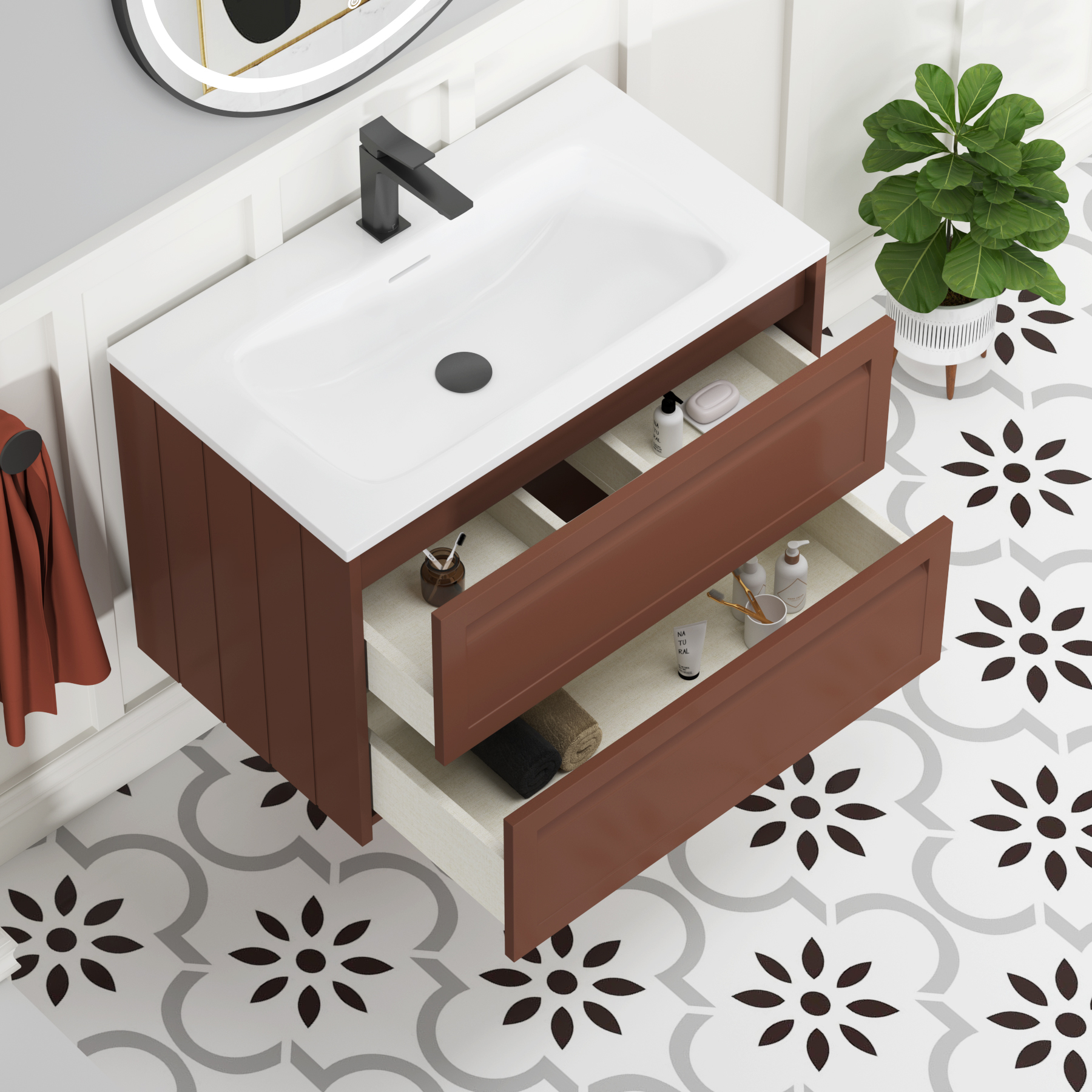 Elmore Terracotta Clay Traditional 2 Drawer Wall Hung Vanity Unit with Matt Stone Basin