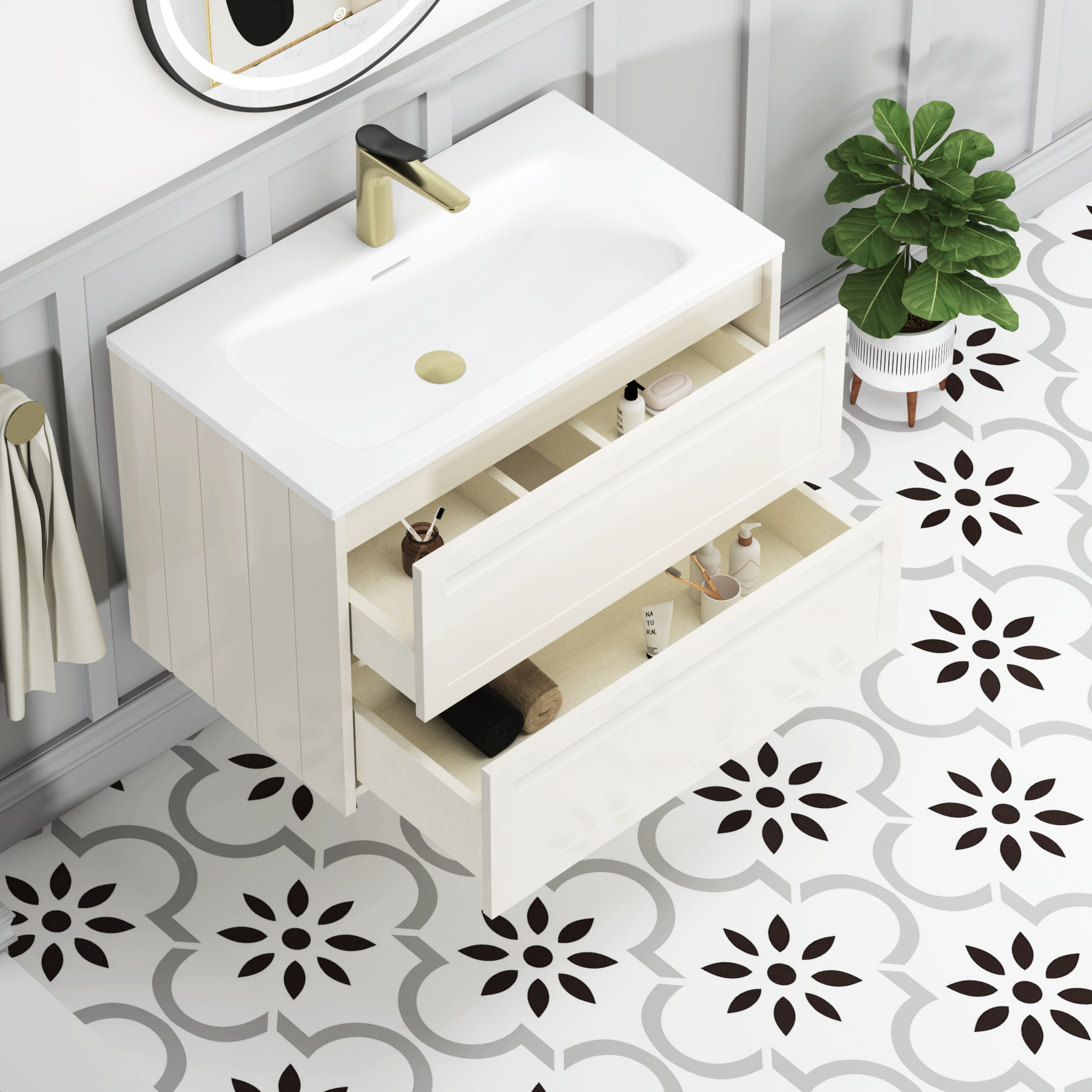Elmore Classic White Traditional 2 Drawer Wall Hung Vanity Unit with Matt Stone Basin