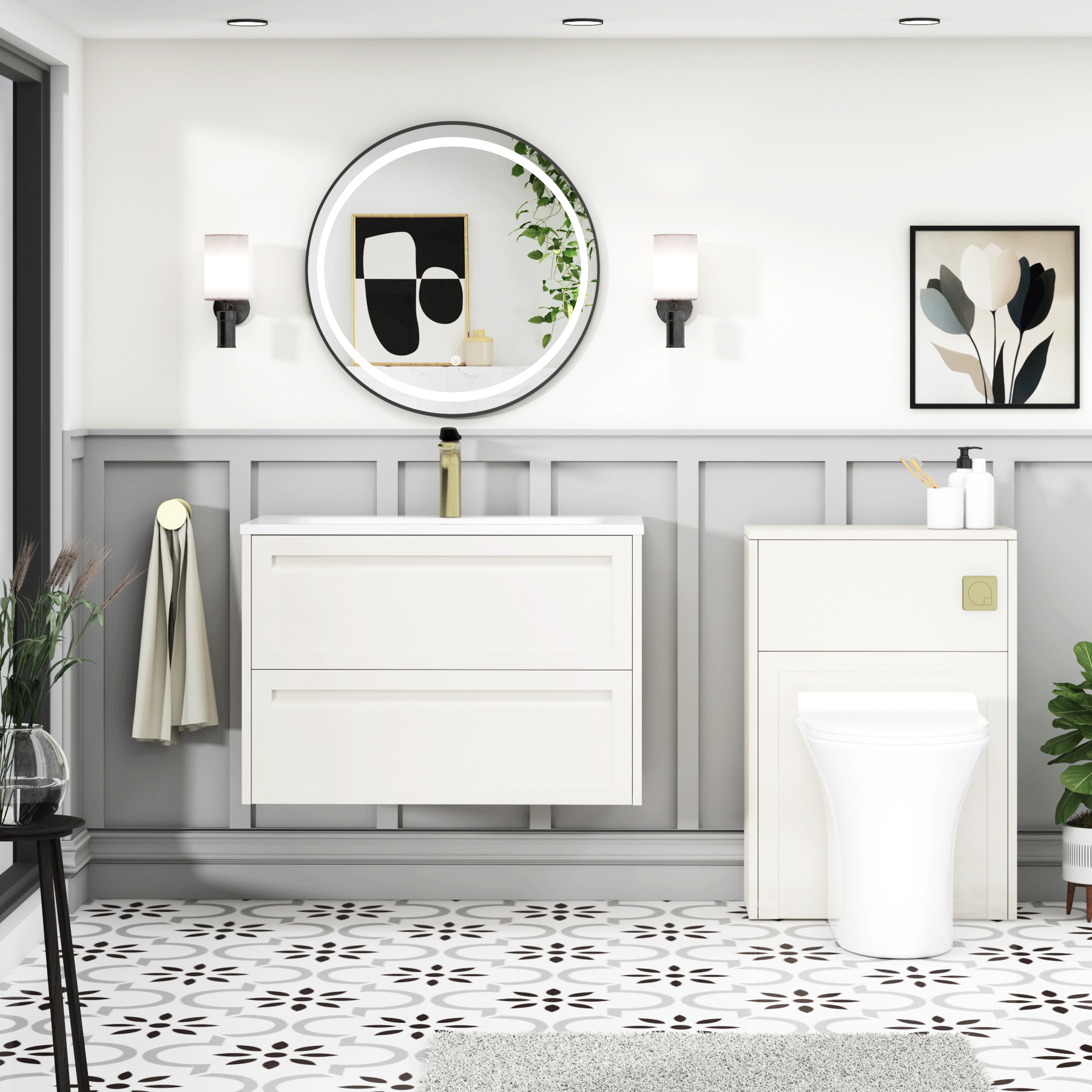 Elmore Classic White Traditional 2 Drawer Wall Hung Vanity Unit with Matt Stone Basin