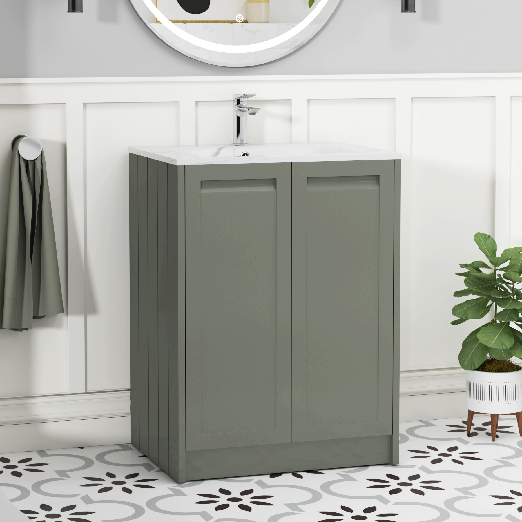 Elmore 600mm Traditional Floor Standing 2 Door Vanity Unit with Carrara White Basin - Matt Green