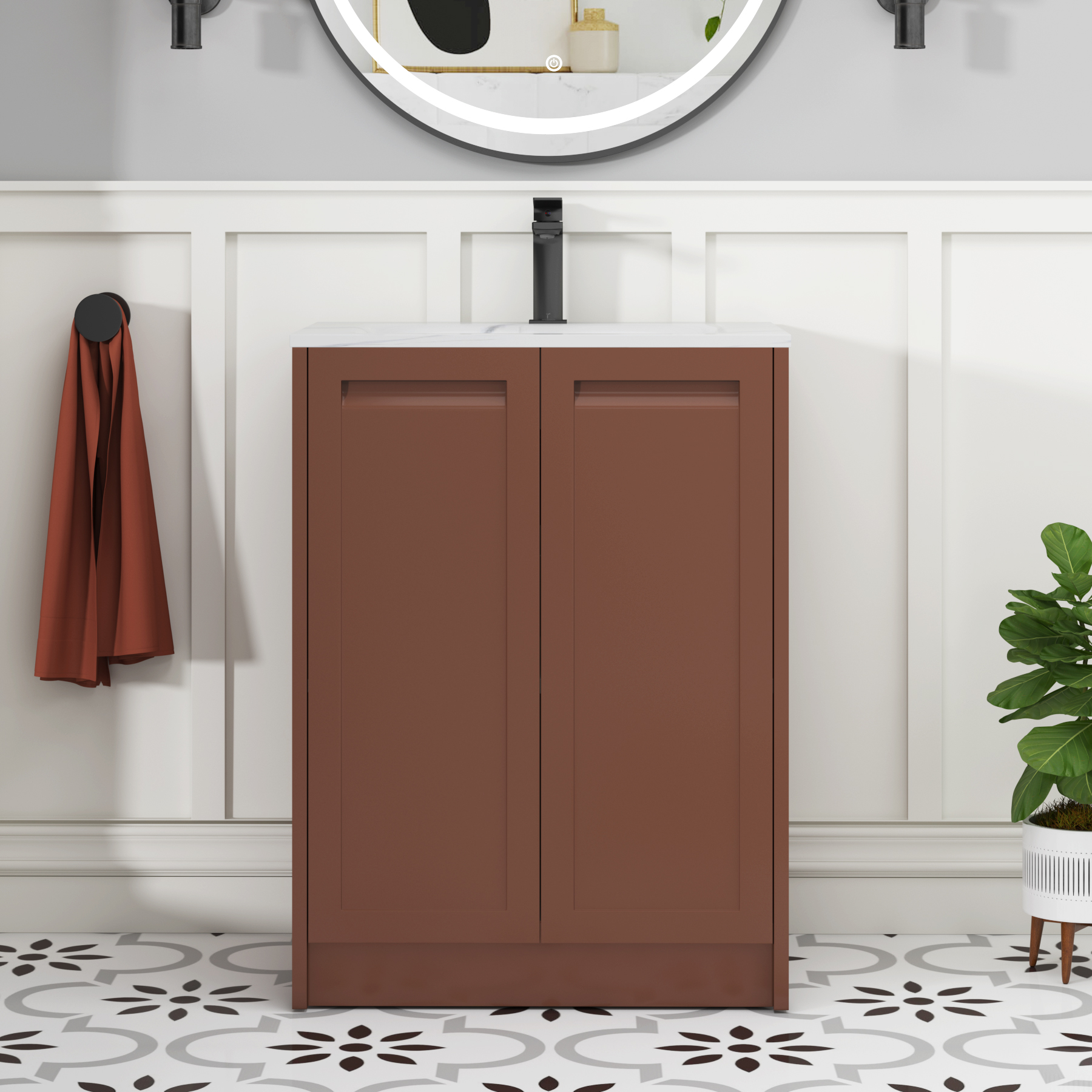 Elmore Terracotta Clay Traditional 2 Door Floor Standing Vanity Unit with Carrara White Basin