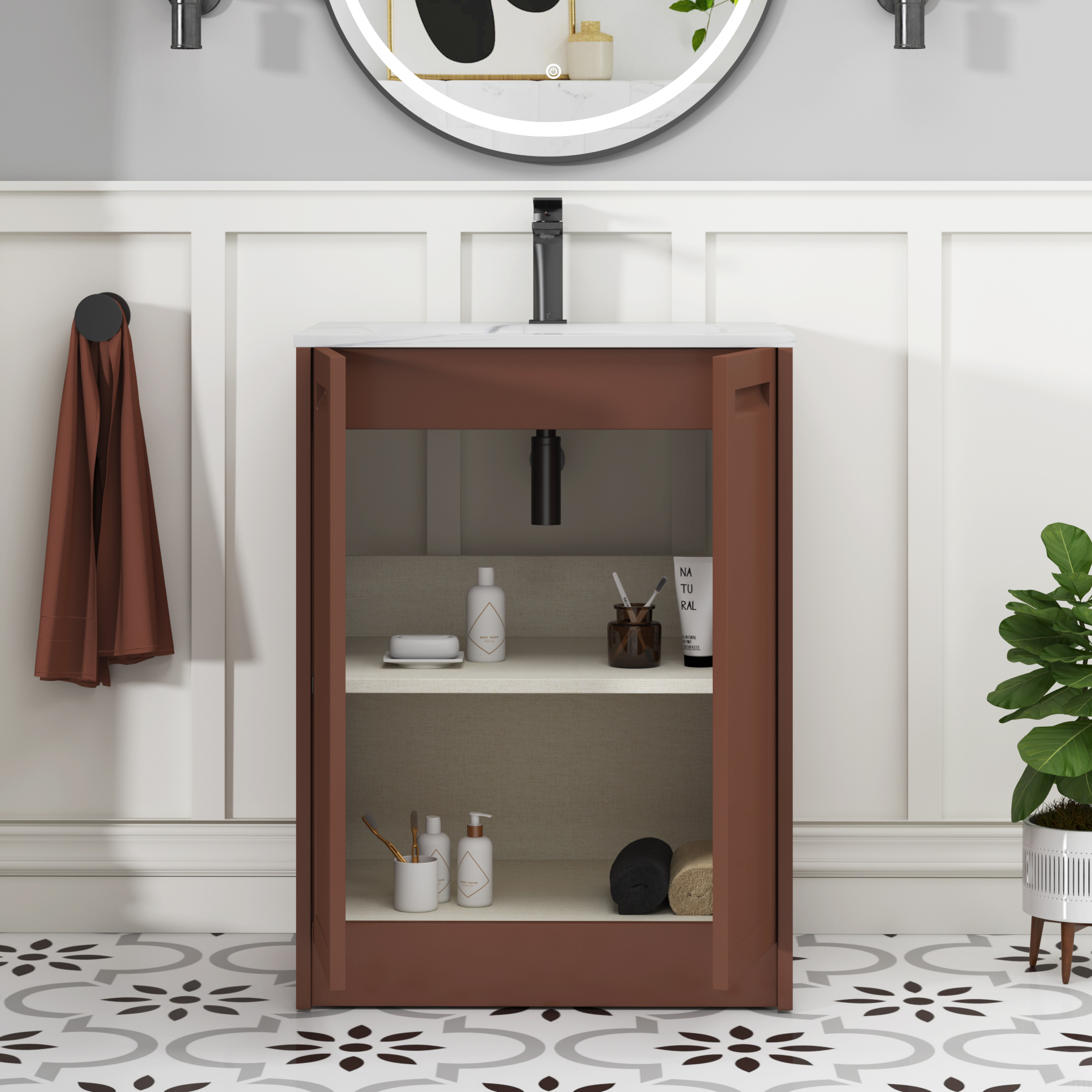 Elmore Terracotta Clay Traditional 2 Door Floor Standing Vanity Unit with Carrara White Basin