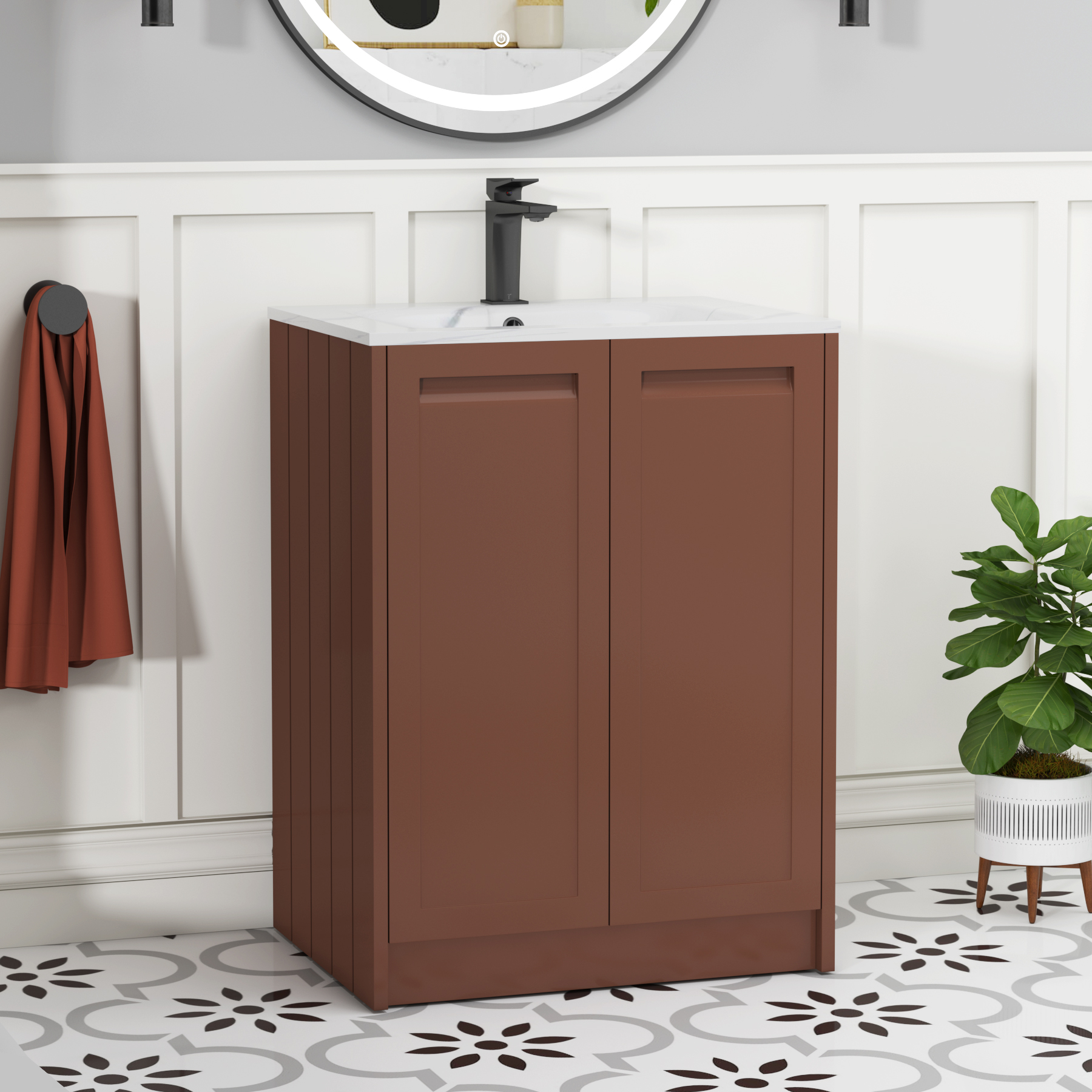 Elmore 600mm Traditional Floor Standing 2 Door Vanity Unit with Carrara White Basin - Terracotta Clay