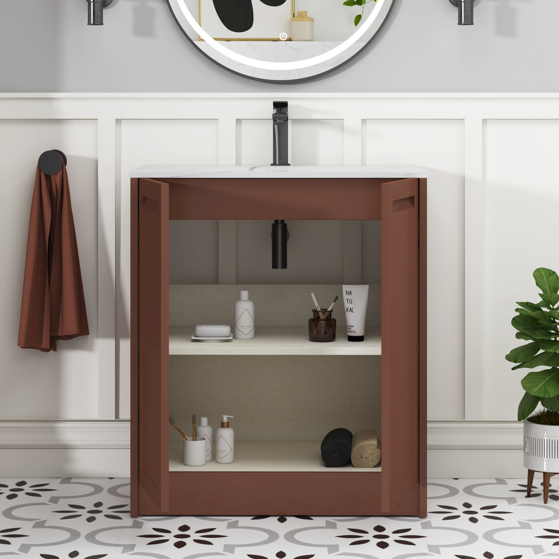 Elmore Terracotta Clay Traditional 2 Door Floor Standing Vanity Unit with Carrara White Basin
