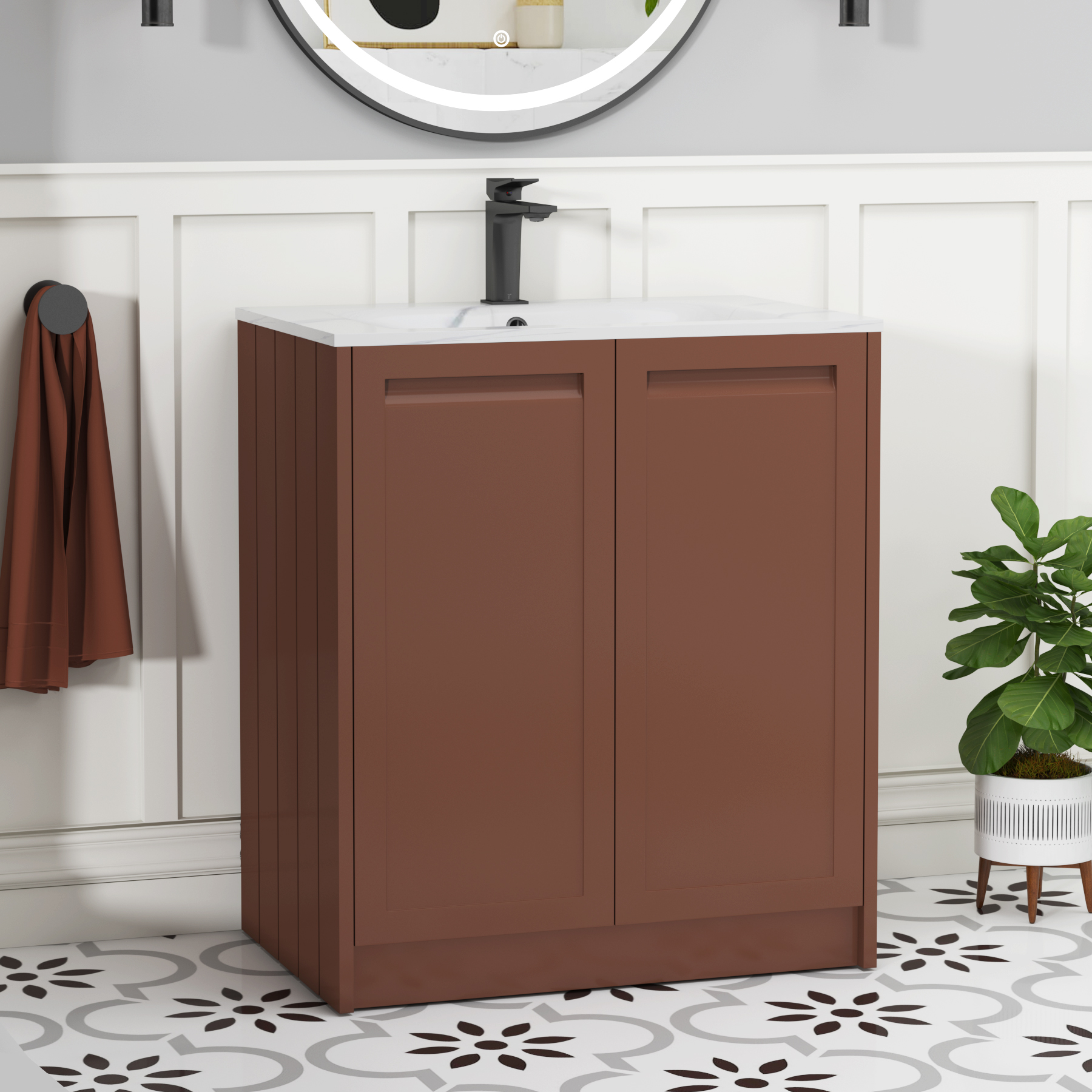 Elmore 700mm Traditional Floor Standing 2 Door Vanity Unit with Carrara White Basin - Terracotta Clay