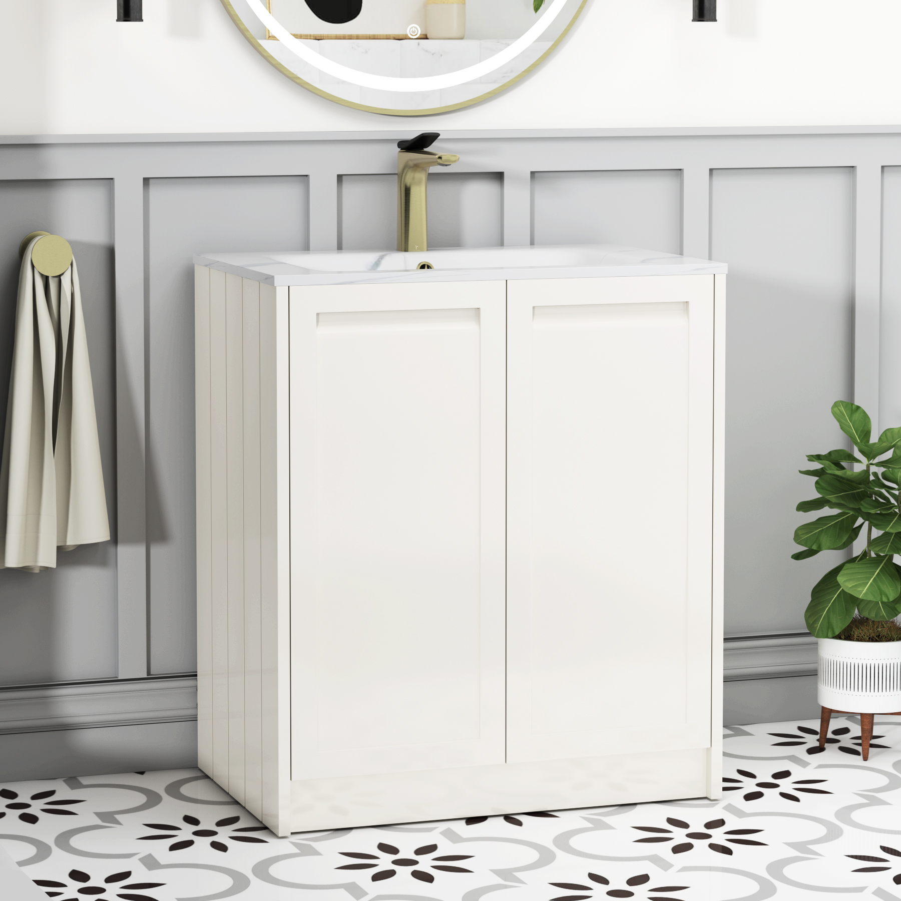 Elmore Classic White Traditional 2 Door Floor Standing Vanity Unit with Carrara White Basin