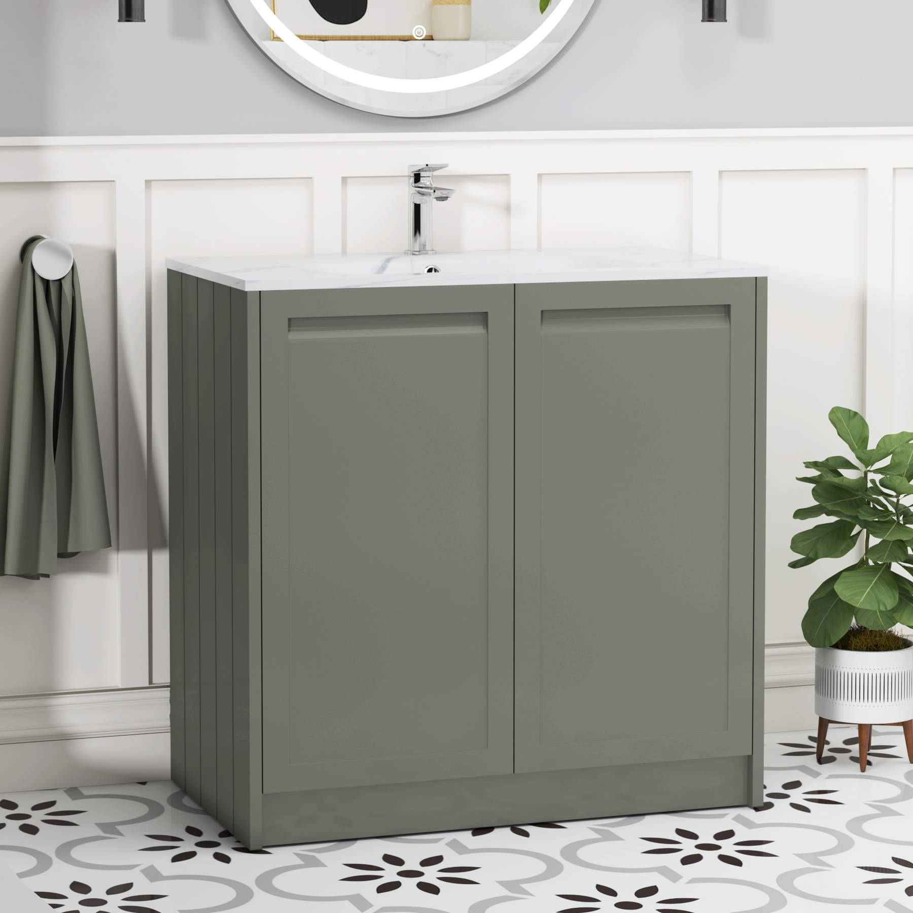 Elmore 800mm Traditional Floor Standing 2 Door Vanity Unit with Carrara White Basin - Matt Green