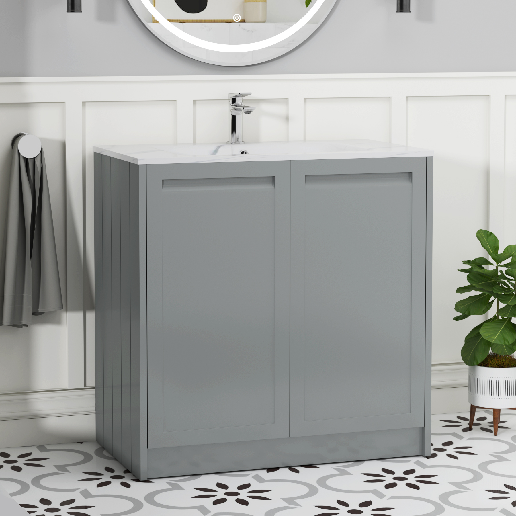 Elmore 800mm Traditional Floor Standing 2 Door Vanity Unit with Carrara White Basin - Matt Pebble Grey
