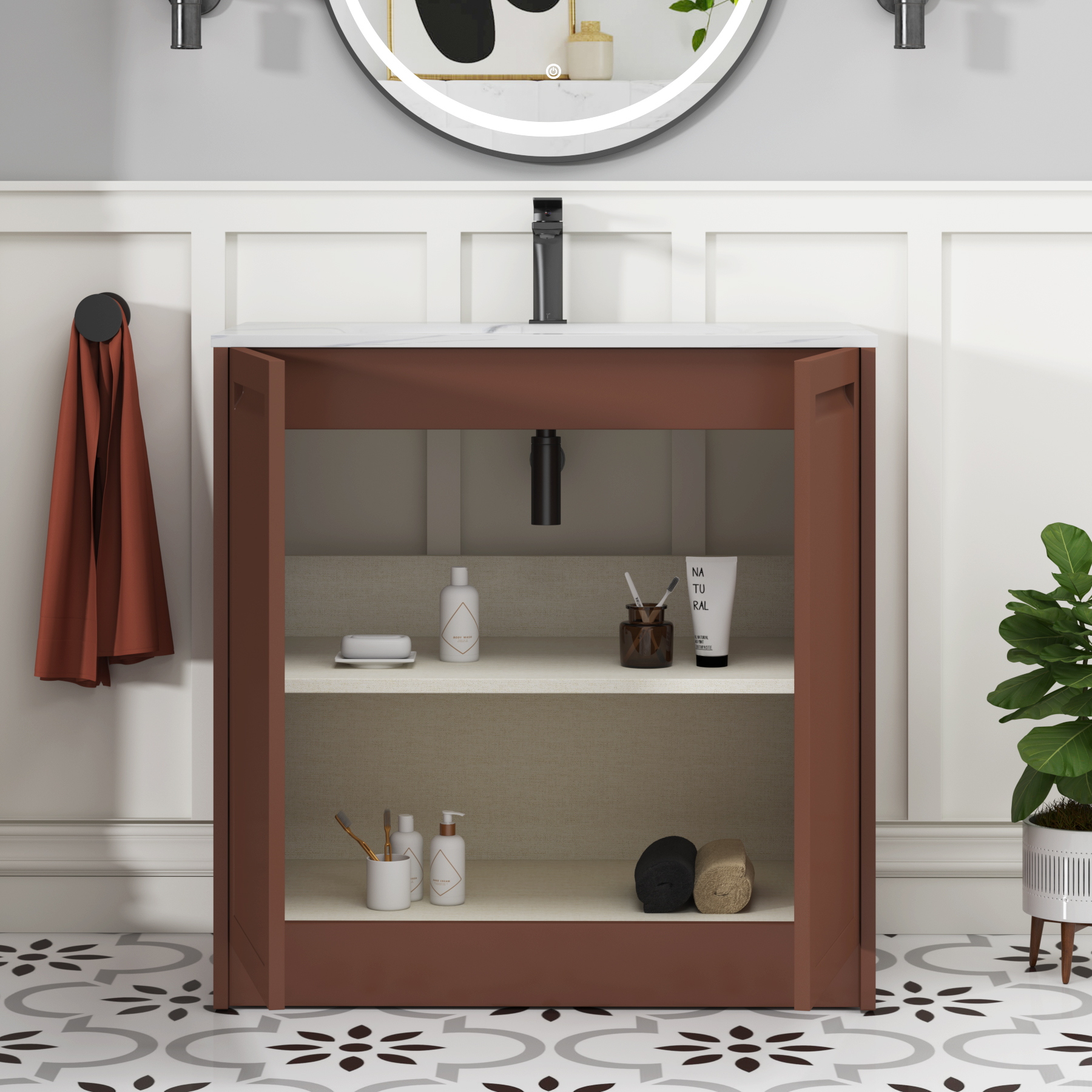 Elmore Terracotta Clay Traditional 2 Door Floor Standing Vanity Unit with Carrara White Basin