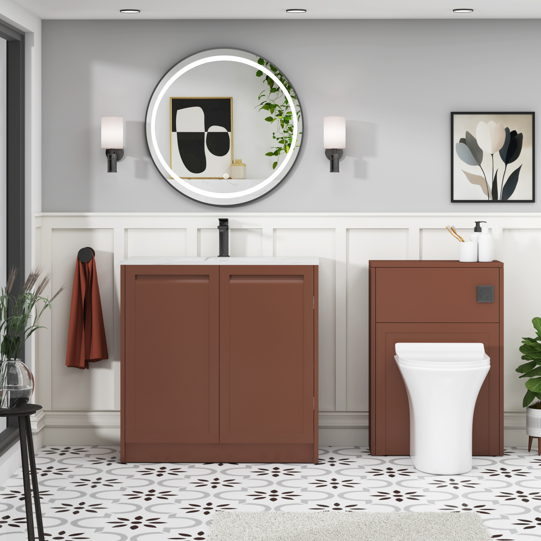 Elmore Terracotta Clay Traditional 2 Door Floor Standing Vanity Unit with Carrara White Basin