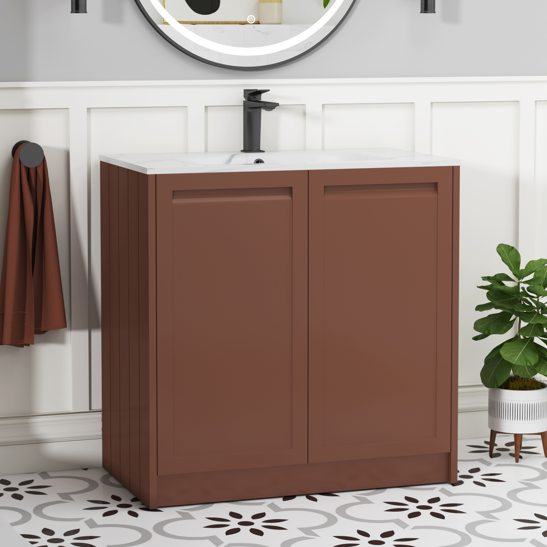 Elmore 800mm Traditional Floor Standing 2 Door Vanity Unit with Carrara White Basin - Terracotta Clay