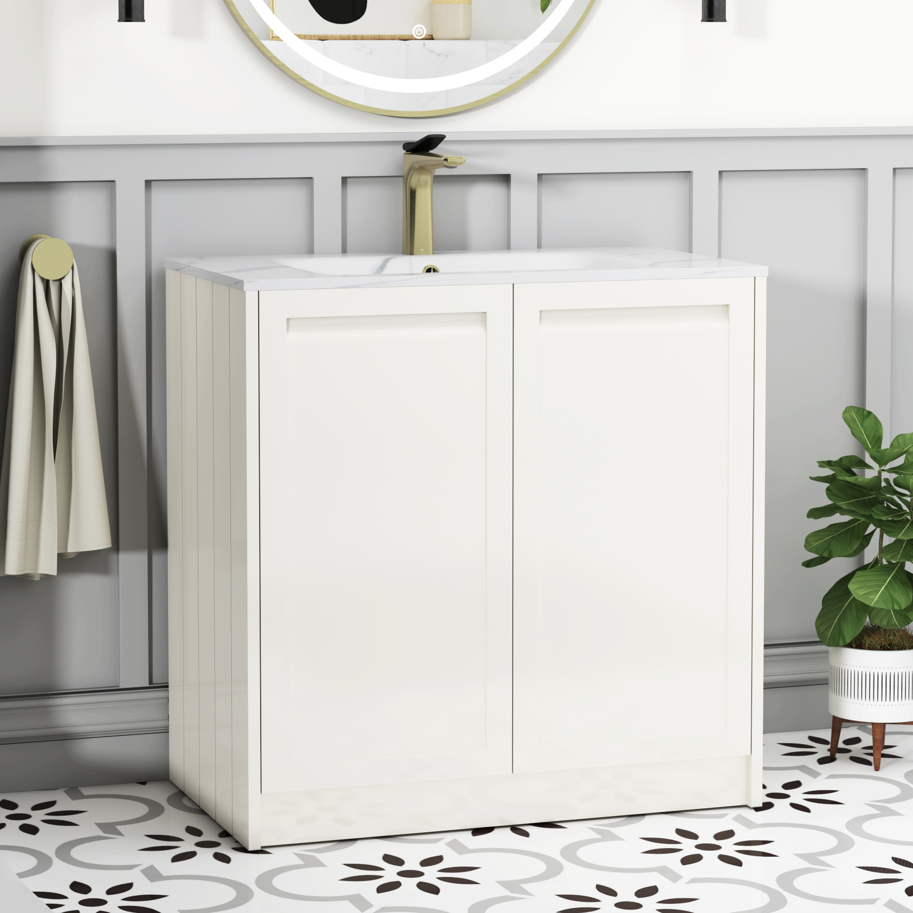 Elmore 800mm Traditional Floor Standing 2 Door Vanity Unit with Carrara White Basin - Classic White