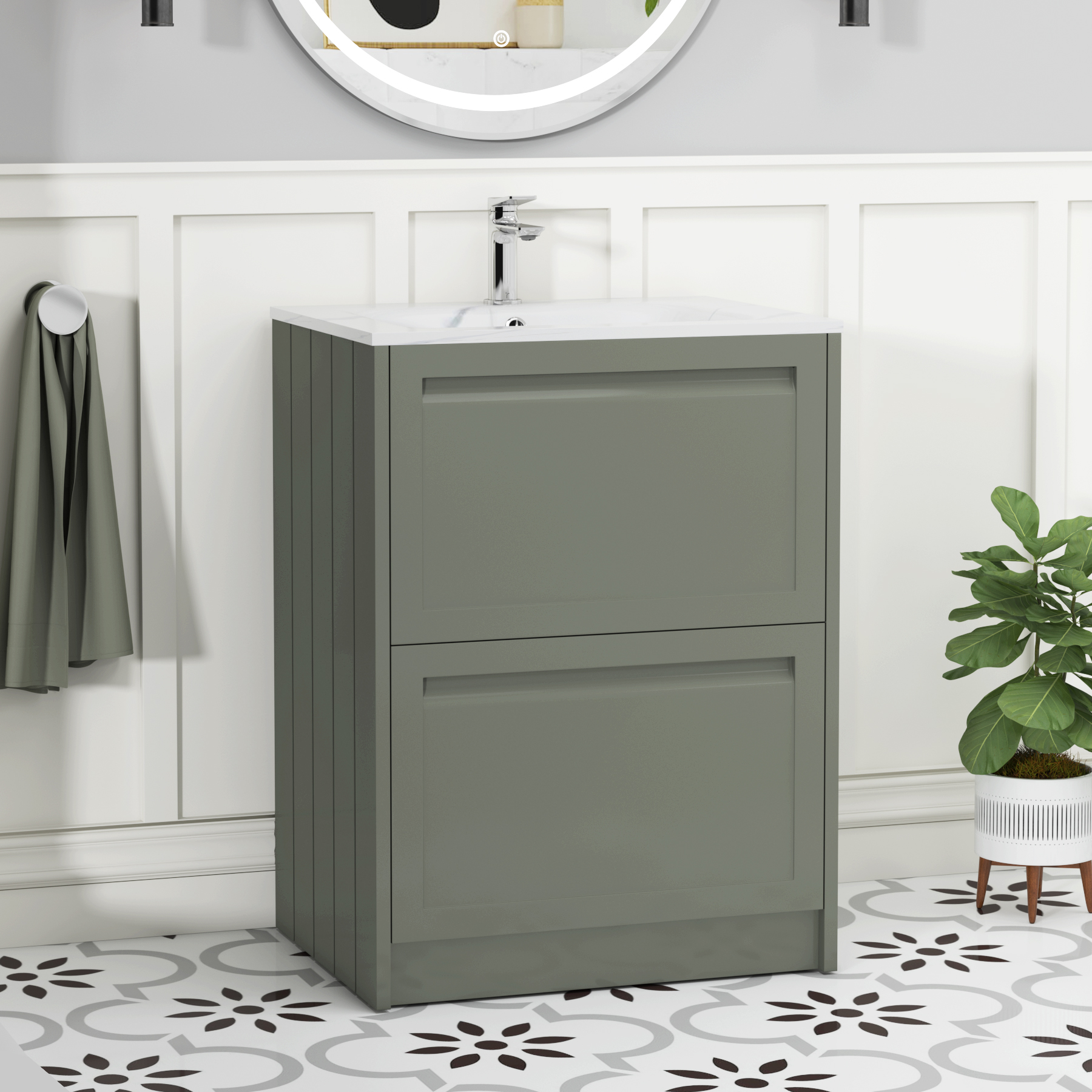 Elmore 600mm Traditional Floor Standing 2 Drawer Vanity Unit with Carrara White Basin - Matt Green