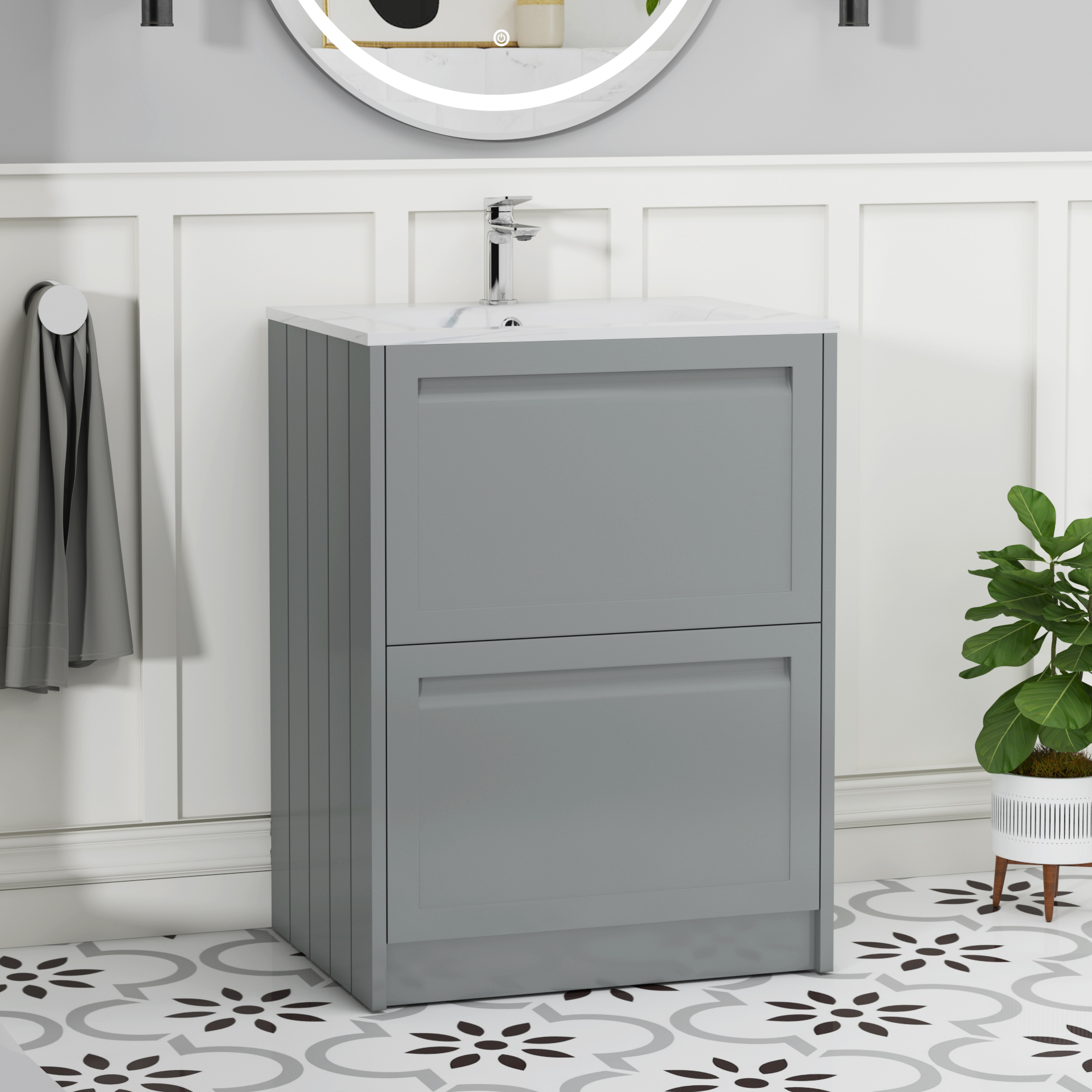 Elmore 600mm Traditional Floor Standing 2 Drawer Vanity Unit with Carrara White Basin - Matt Pebble Grey