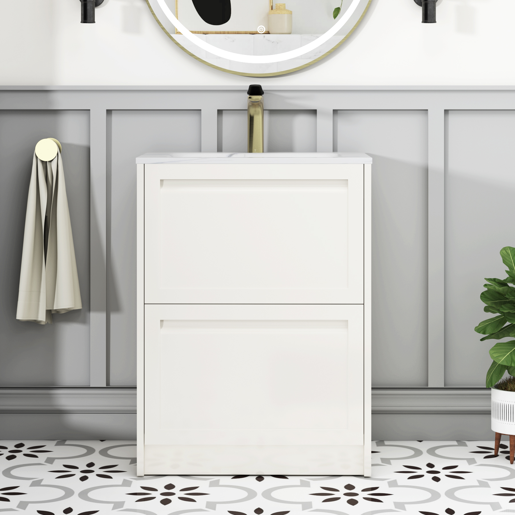 Elmore Classic White Traditional 2 Drawer Floor Standing Vanity Unit with Carrara White Basin