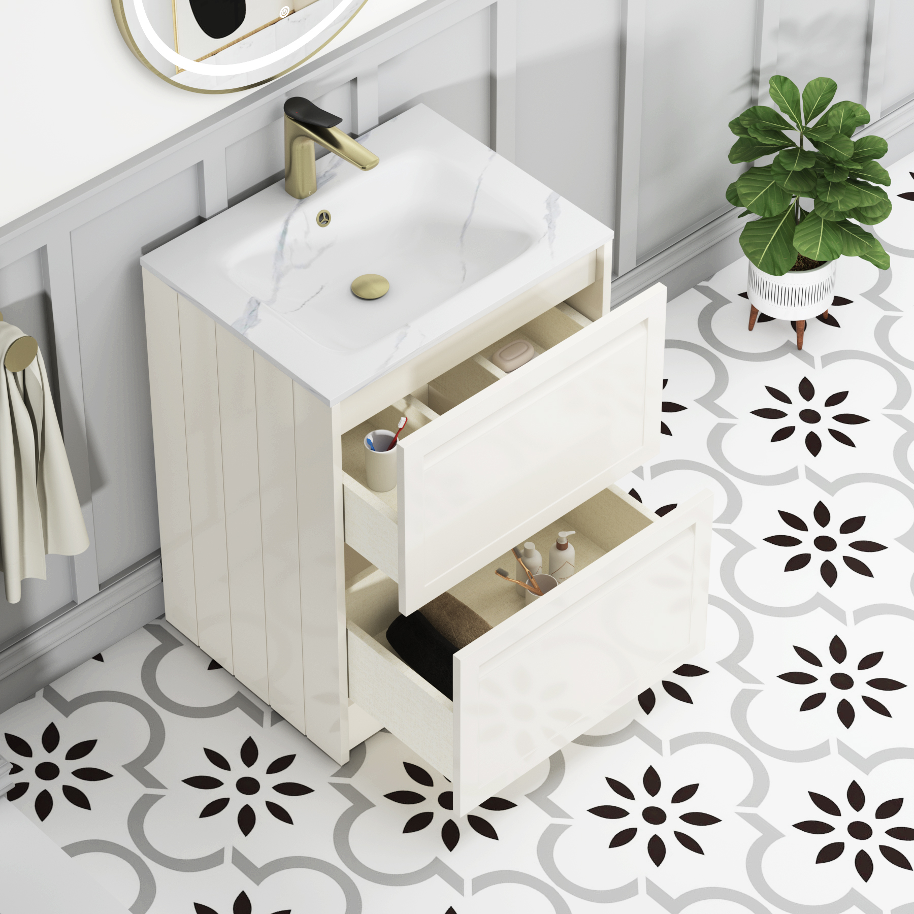 Elmore Classic White Traditional 2 Drawer Floor Standing Vanity Unit with Carrara White Basin