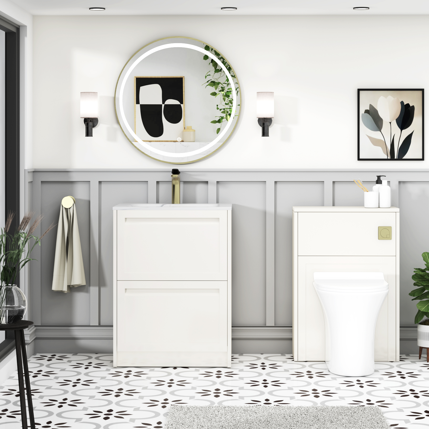 Elmore Classic White Traditional 2 Drawer Floor Standing Vanity Unit with Carrara White Basin