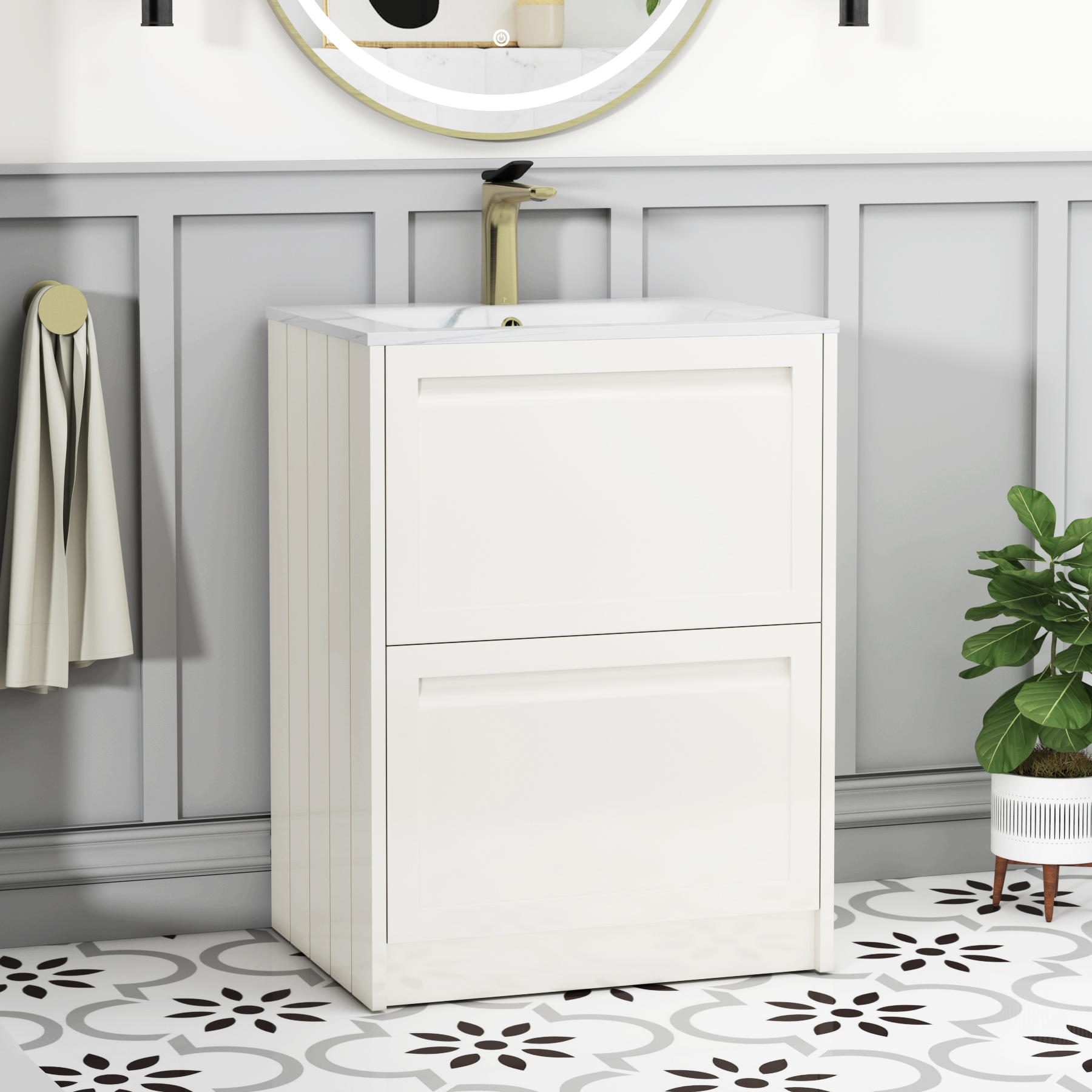 Elmore 600mm Traditional Floor Standing 2 Drawer Vanity Unit with Carrara White Basin - Classic White